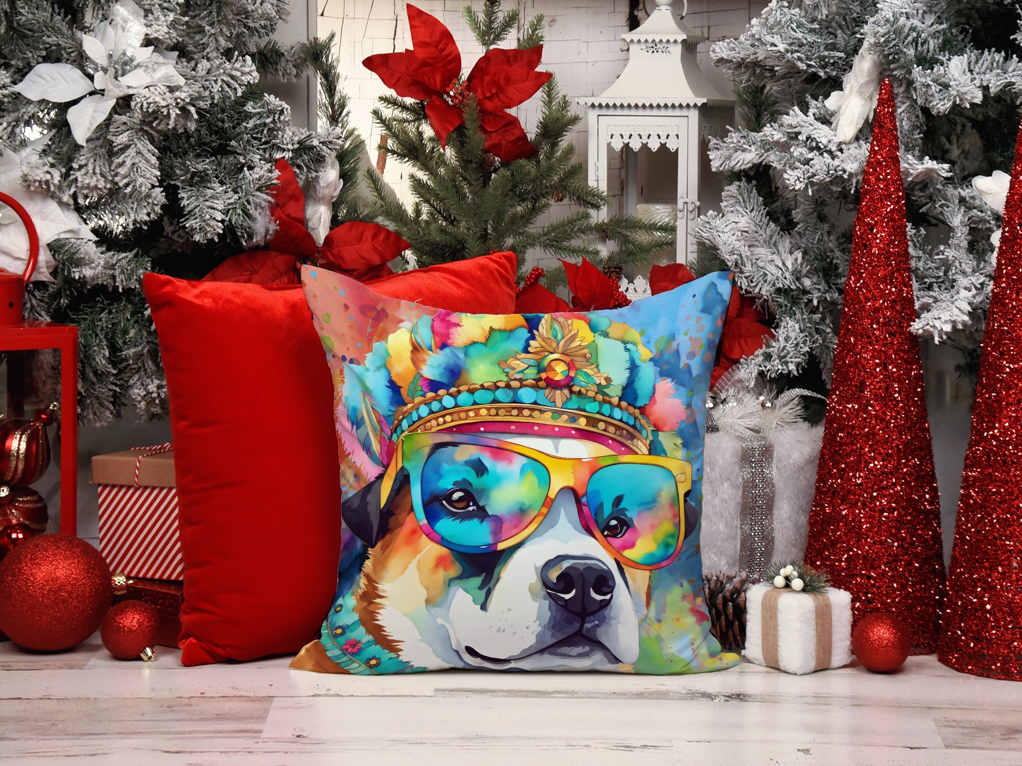 Akita Hippie Dawg Decorative Throw Pillow 18x18 Indoor Outdoor Accent Cushion, Fabric Cover with Insert for Sofa, Bed, Porch & Living Room