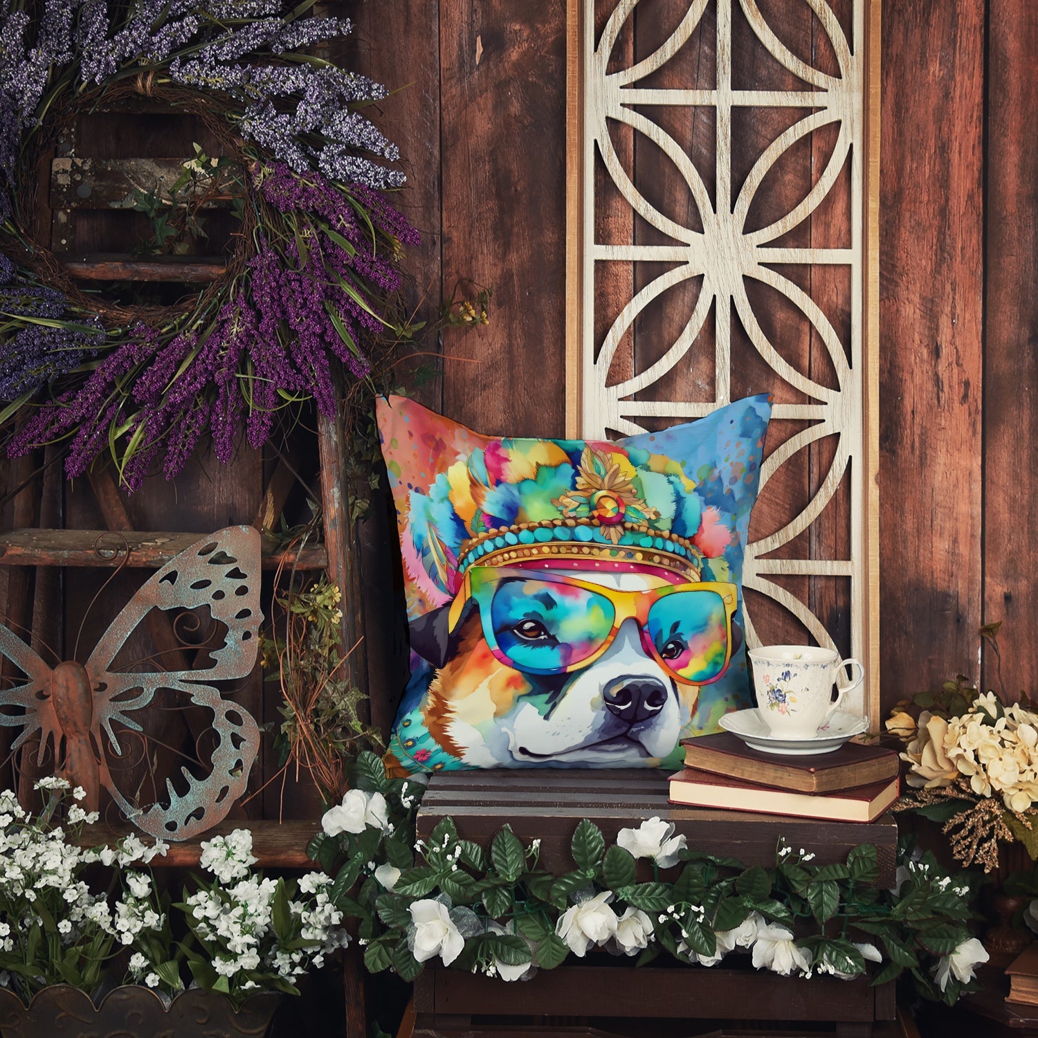 Akita Hippie Dawg Decorative Throw Pillow 18x18 Indoor Outdoor Accent Cushion, Fabric Cover with Insert for Sofa, Bed, Porch & Living Room