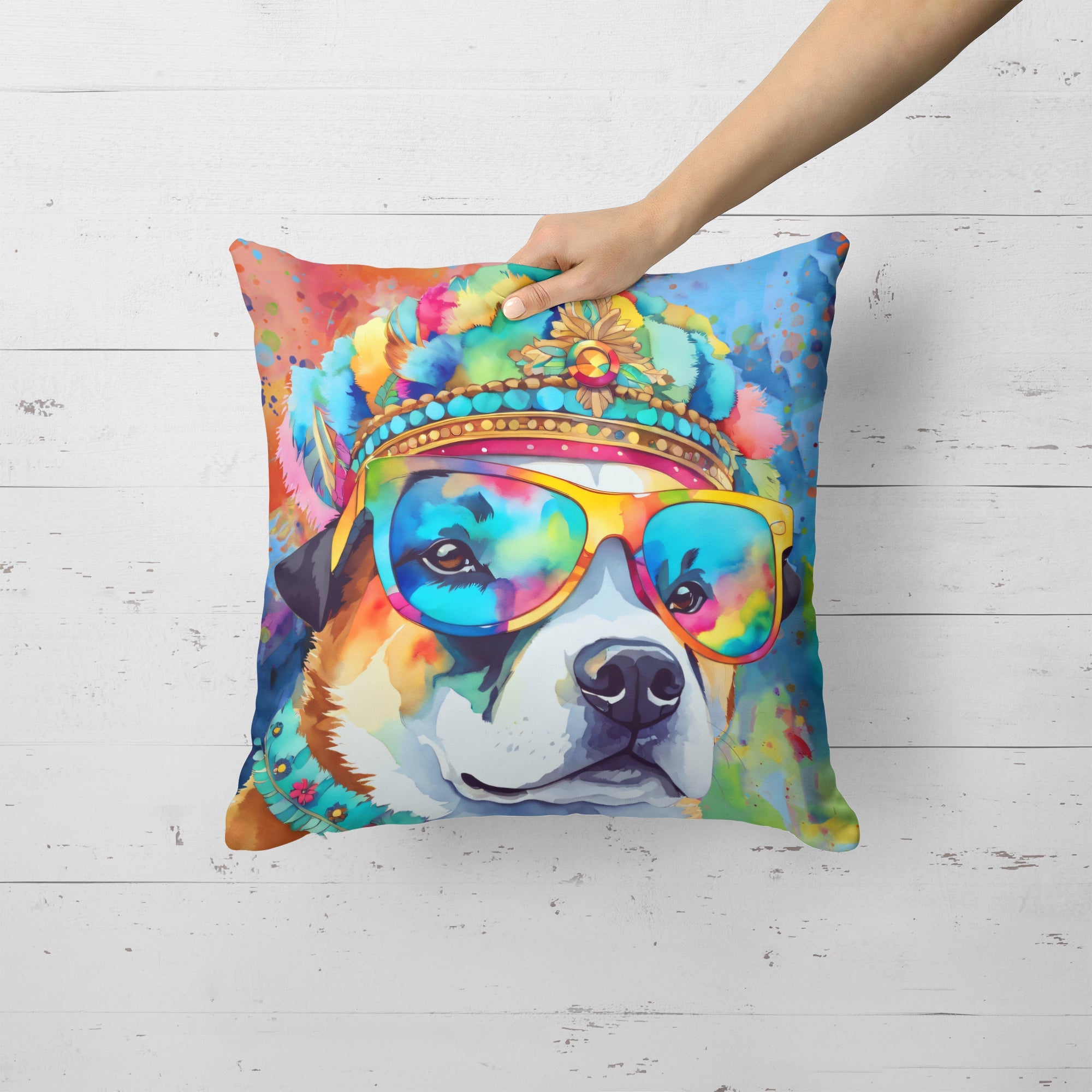 Akita Hippie Dawg Decorative Throw Pillow 18x18 Indoor Outdoor Accent Cushion, Fabric Cover with Insert for Sofa, Bed, Porch & Living Room