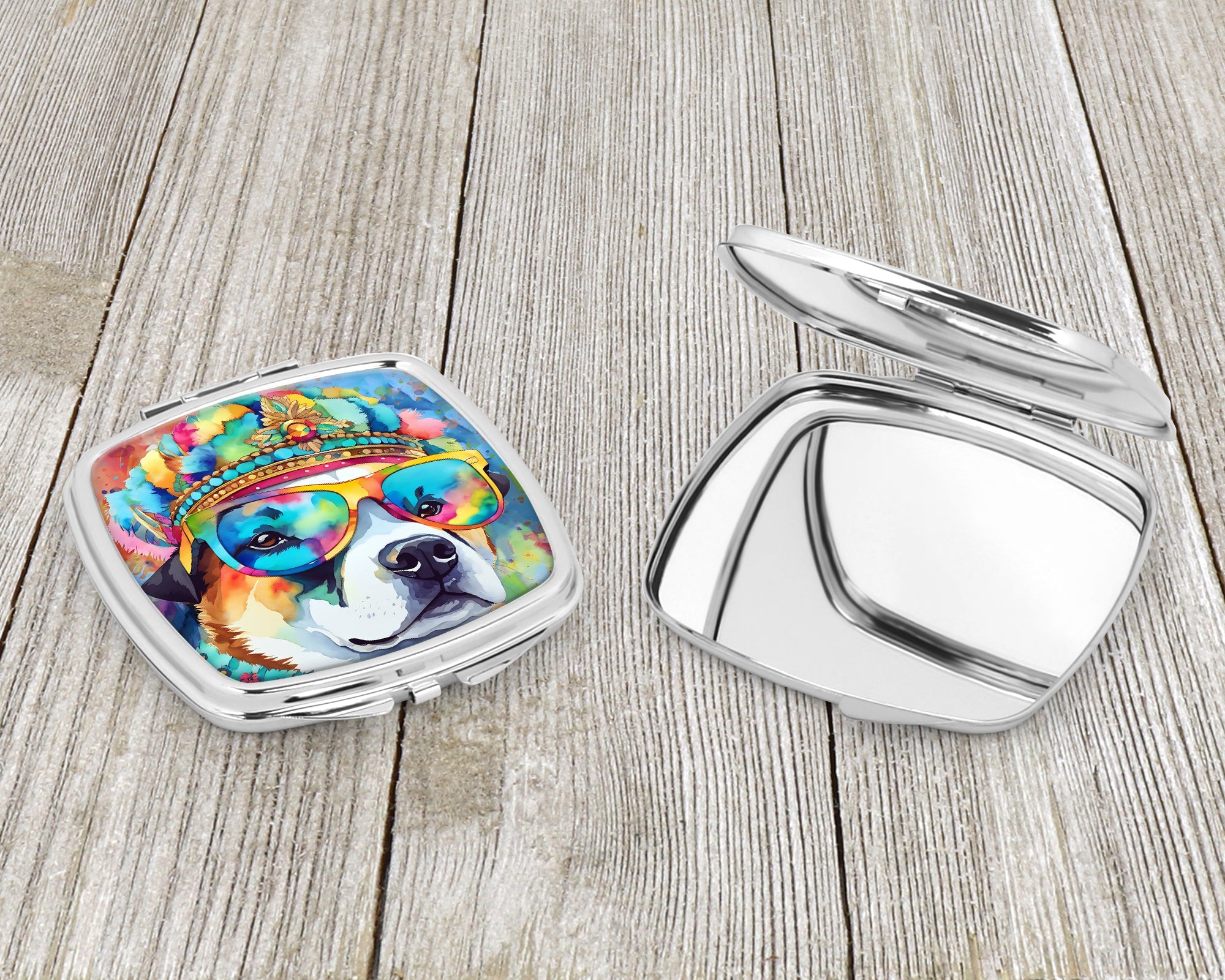 Akita Hippie Dawg Compact Mirror Decorative Travel Makeup Mirror for Women Girls Gifts Pocket Makeup Mirror Folding Handheld