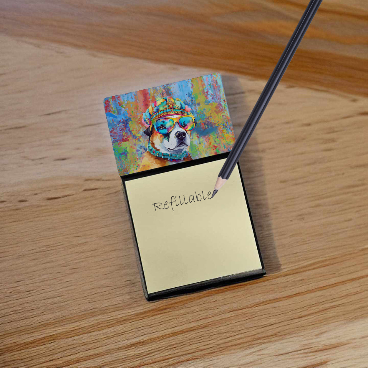 Akita Hippie Dawg Watercolor Sticky Note Holder Refillable Dispenser Desk Accessory 3x3 Pad Gift