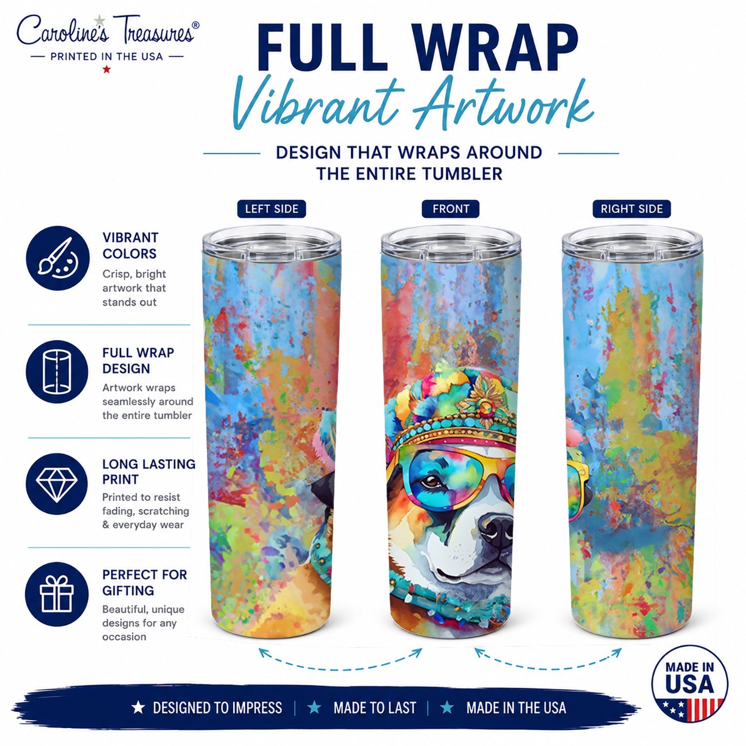 Akita Hippie Dawg Stainless Steel Skinny Tumbler 20 oz Vacuum Double Walled Reusable Insulated Travel Cup