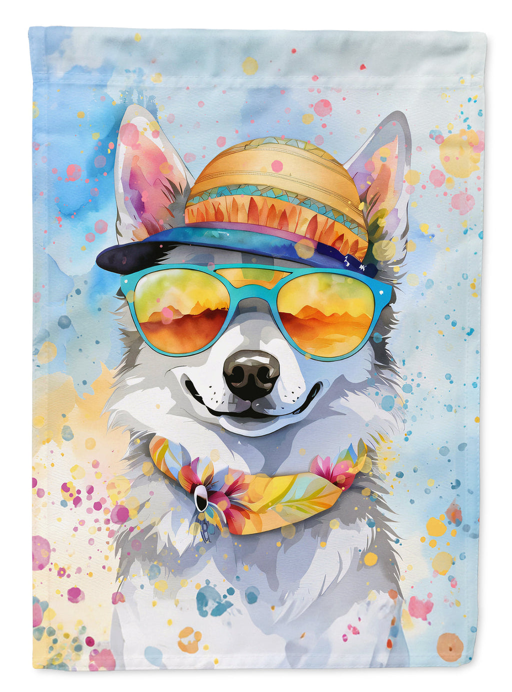 Alaskan Klee Kai Hippie Dawg House Flag 28x40 Porch Sleeve Pole Decorative Outside Yard Banner Artwork Wall Hanging, Polyester