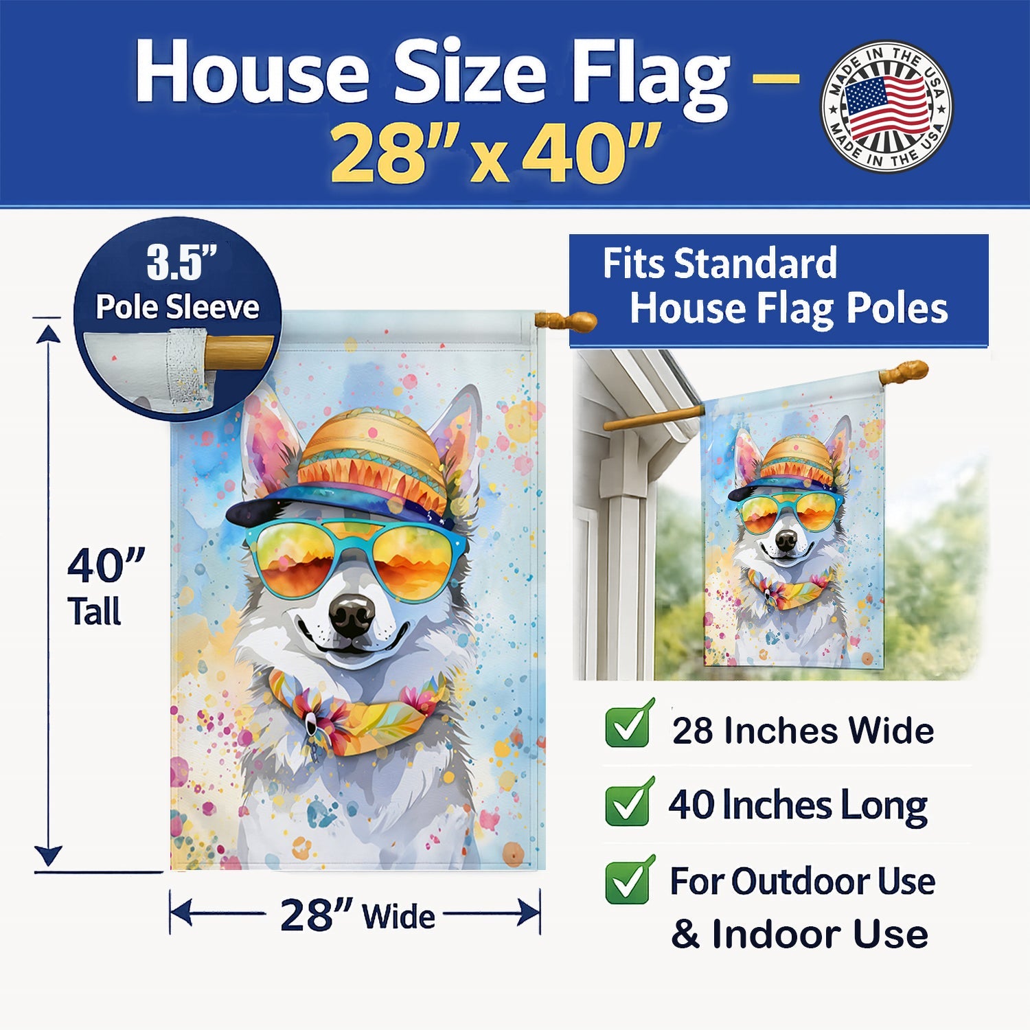 Alaskan Klee Kai Hippie Dawg House Flag 28x40 Porch Sleeve Pole Decorative Outside Yard Banner Artwork Wall Hanging, Polyester