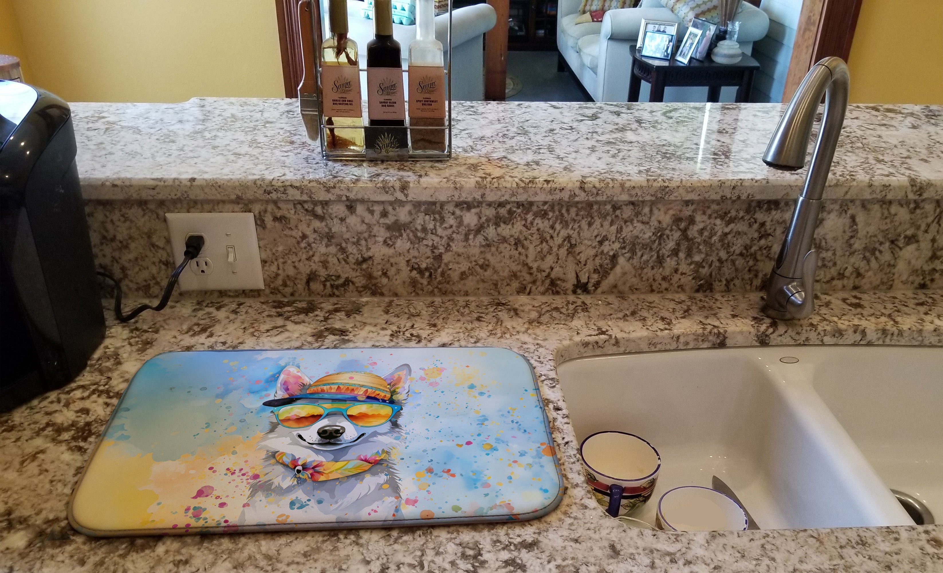 Alaskan Klee Kai Hippie Dawg Dish Drying Mat Absorbent Dish Drying Mat Pad for Kitchen Counter Dish Drainer Mat for Countertop, 14 x 21", Multicolor