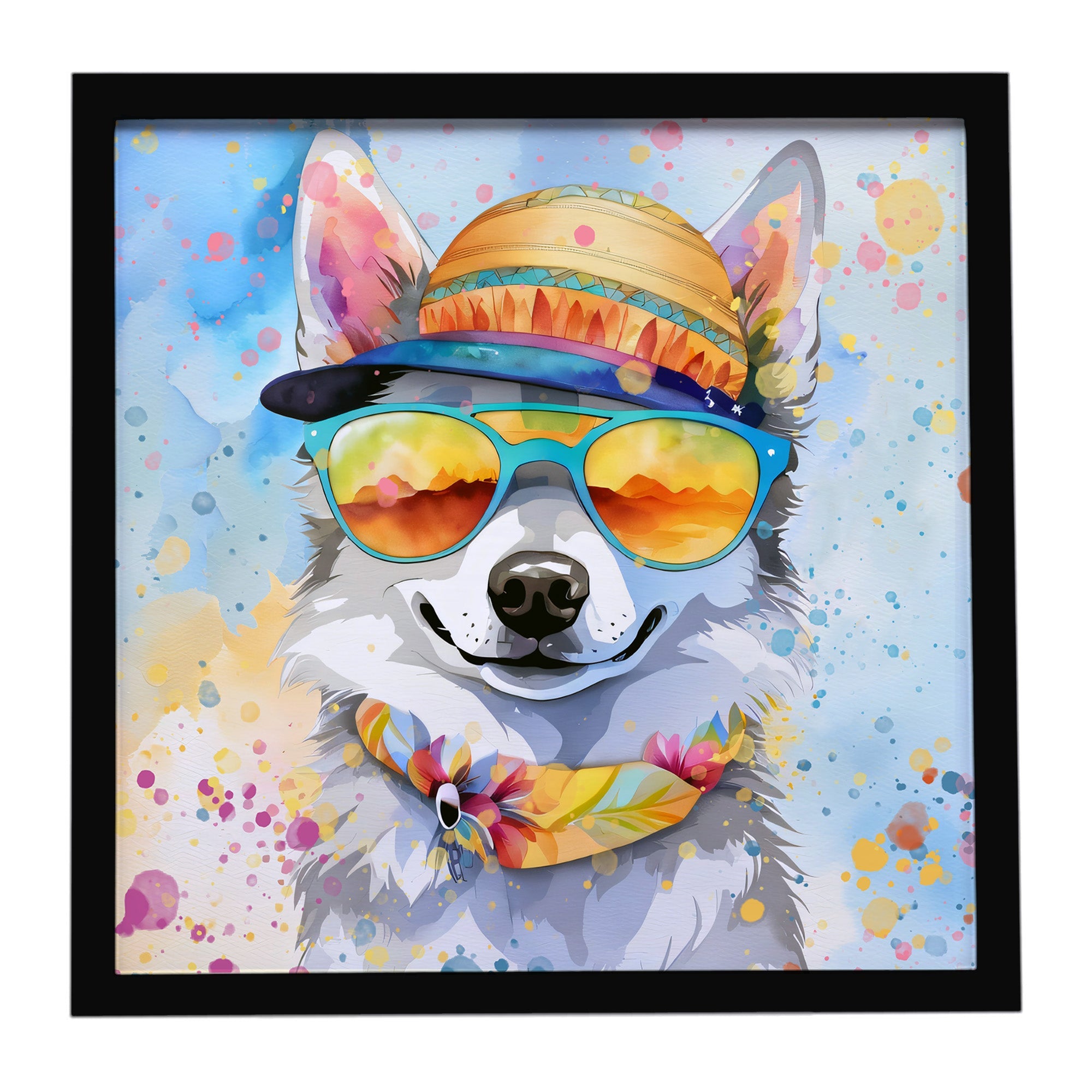 Alaskan Klee Kai Hippie Dawg Framed Metal Print Bathroom, Kitchen, Office, Home Decor Wall Art Ready to Hang, Square, 8X8