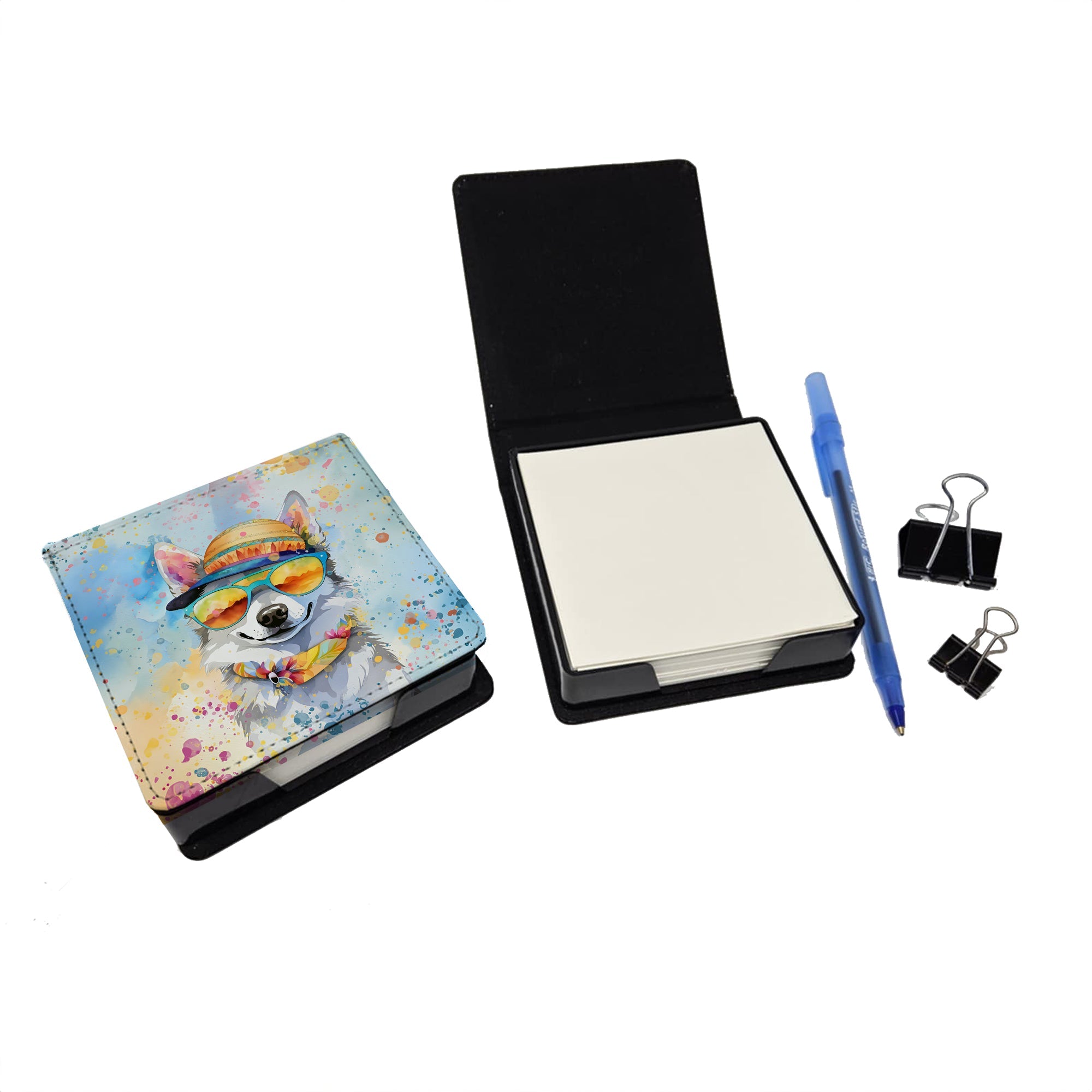 Alaskan Klee Kai Hippie Dawg PU Leather Note Paper Holder with Artist-Designed Cover, Desk Accessory, Office Gift