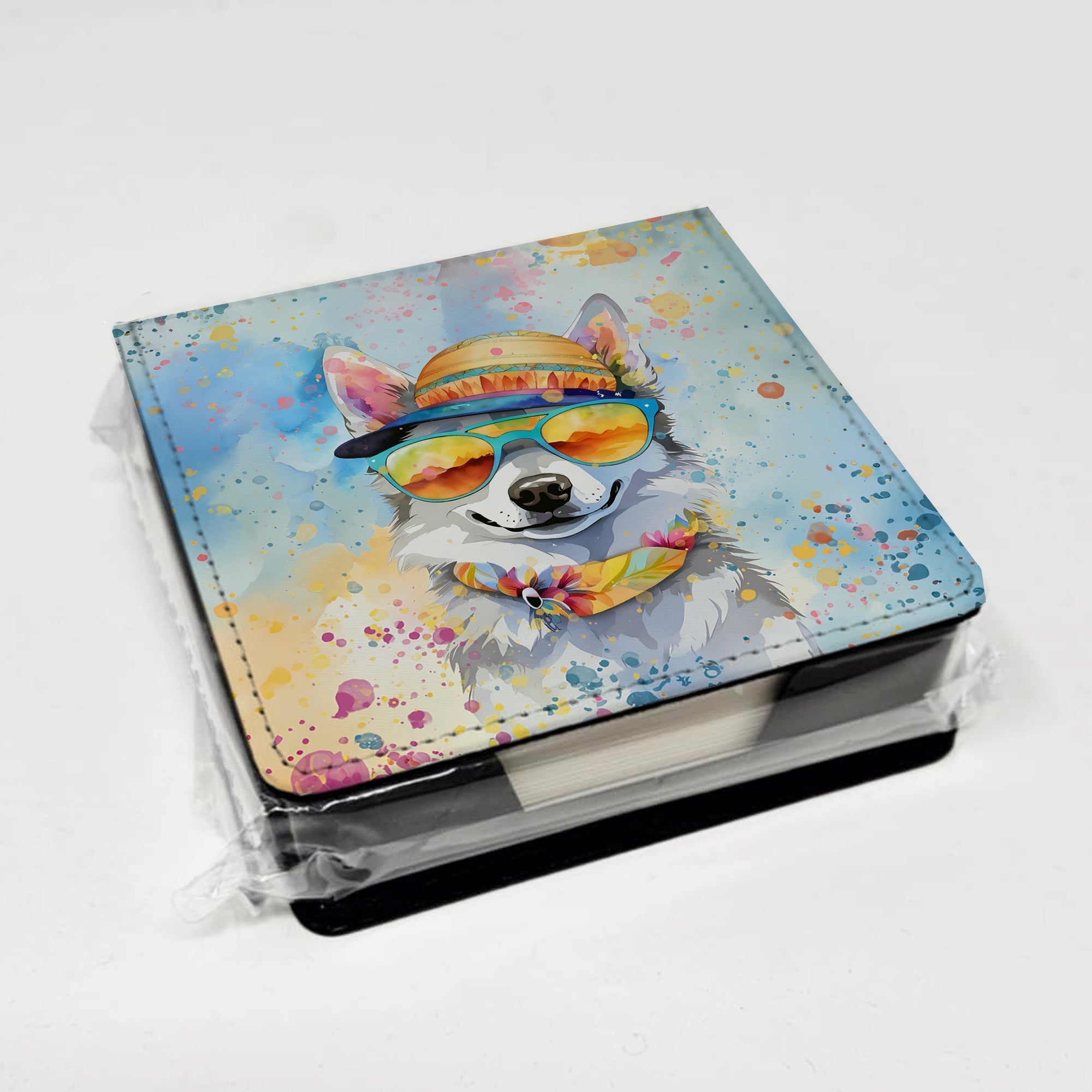 Alaskan Klee Kai Hippie Dawg PU Leather Note Paper Holder with Artist-Designed Cover, Desk Accessory, Office Gift