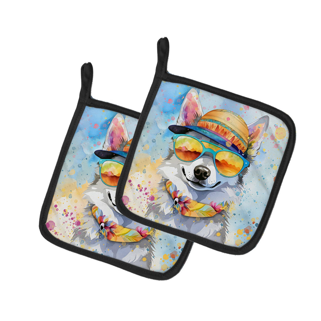 Alaskan Klee Kai Hippie Dawg Pot Holder Set of 2 Heat Resistant Quilted Hot Pads 7.5 x 7.5 Inch, Insulated Kitchen Trivets for Cooking & Baking