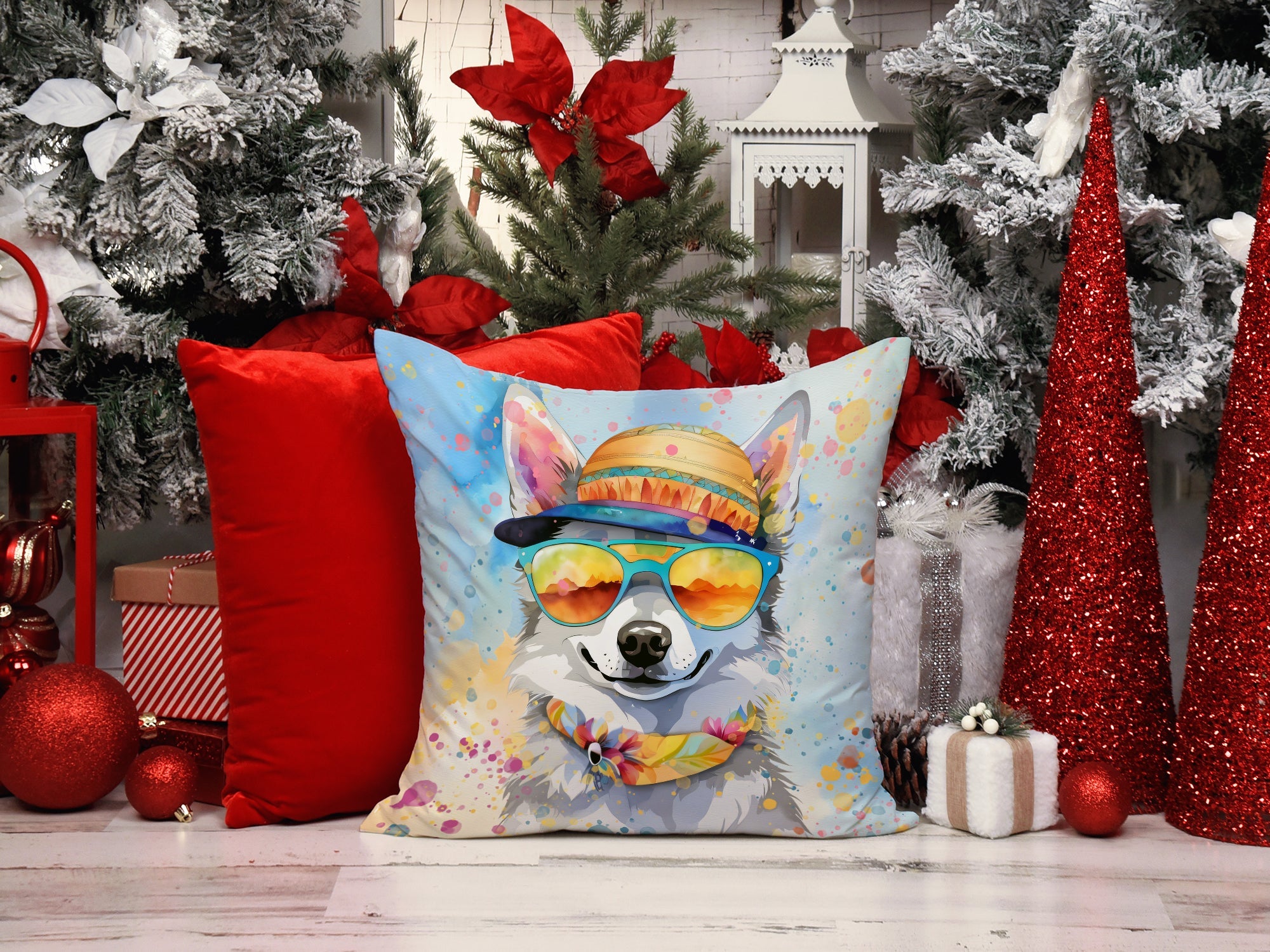 Alaskan Klee Kai Hippie Dawg Decorative Throw Pillow 14x14 Indoor Outdoor Accent Cushion, Fabric Cover with Insert for Sofa, Bed, Porch & Living Room