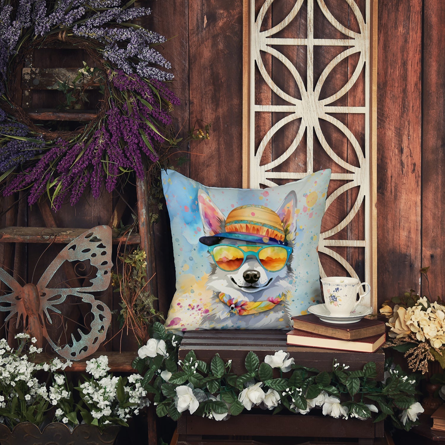Alaskan Klee Kai Hippie Dawg Decorative Throw Pillow 14x14 Indoor Outdoor Accent Cushion, Fabric Cover with Insert for Sofa, Bed, Porch & Living Room