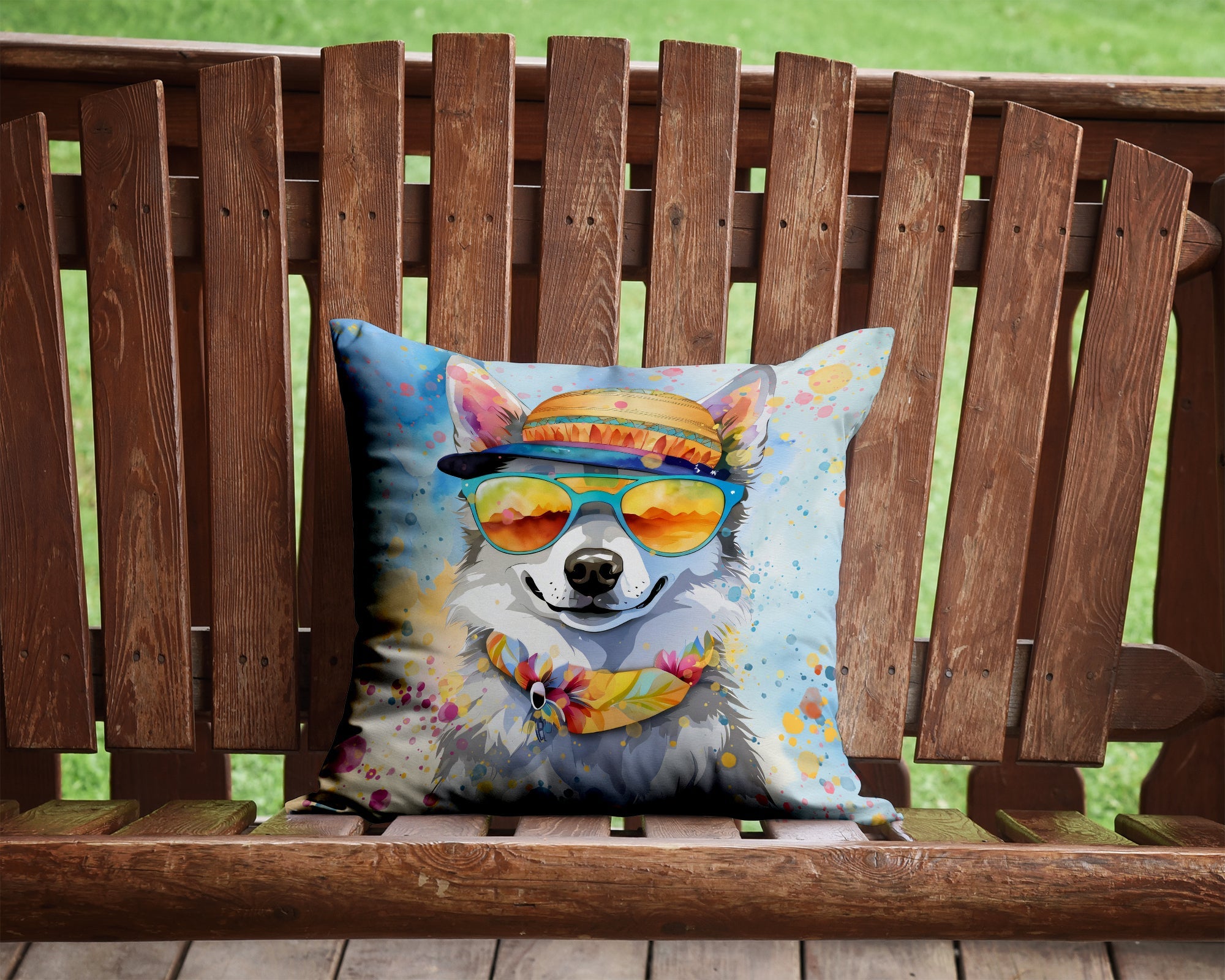 Alaskan Klee Kai Hippie Dawg Decorative Throw Pillow 14x14 Indoor Outdoor Accent Cushion, Fabric Cover with Insert for Sofa, Bed, Porch & Living Room