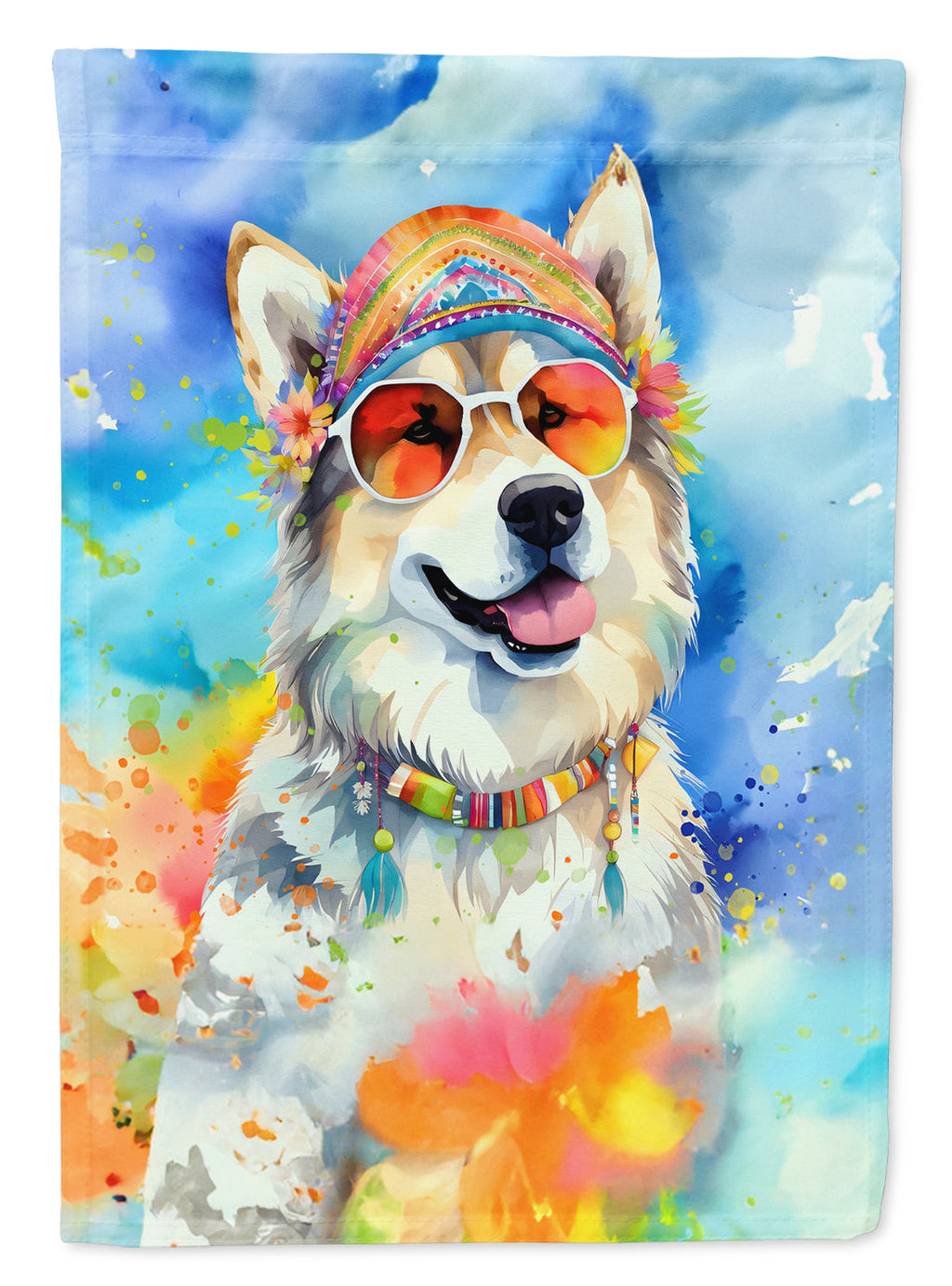 Alaskan Malamute Hippie Dawg House Flag 28x40 Porch Sleeve Pole Decorative Outside Yard Banner Artwork Wall Hanging, Polyester