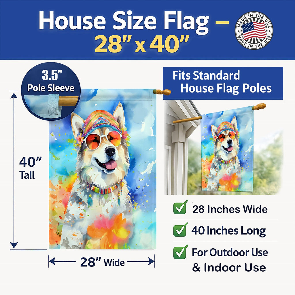 Alaskan Malamute Hippie Dawg House Flag 28x40 Porch Sleeve Pole Decorative Outside Yard Banner Artwork Wall Hanging, Polyester