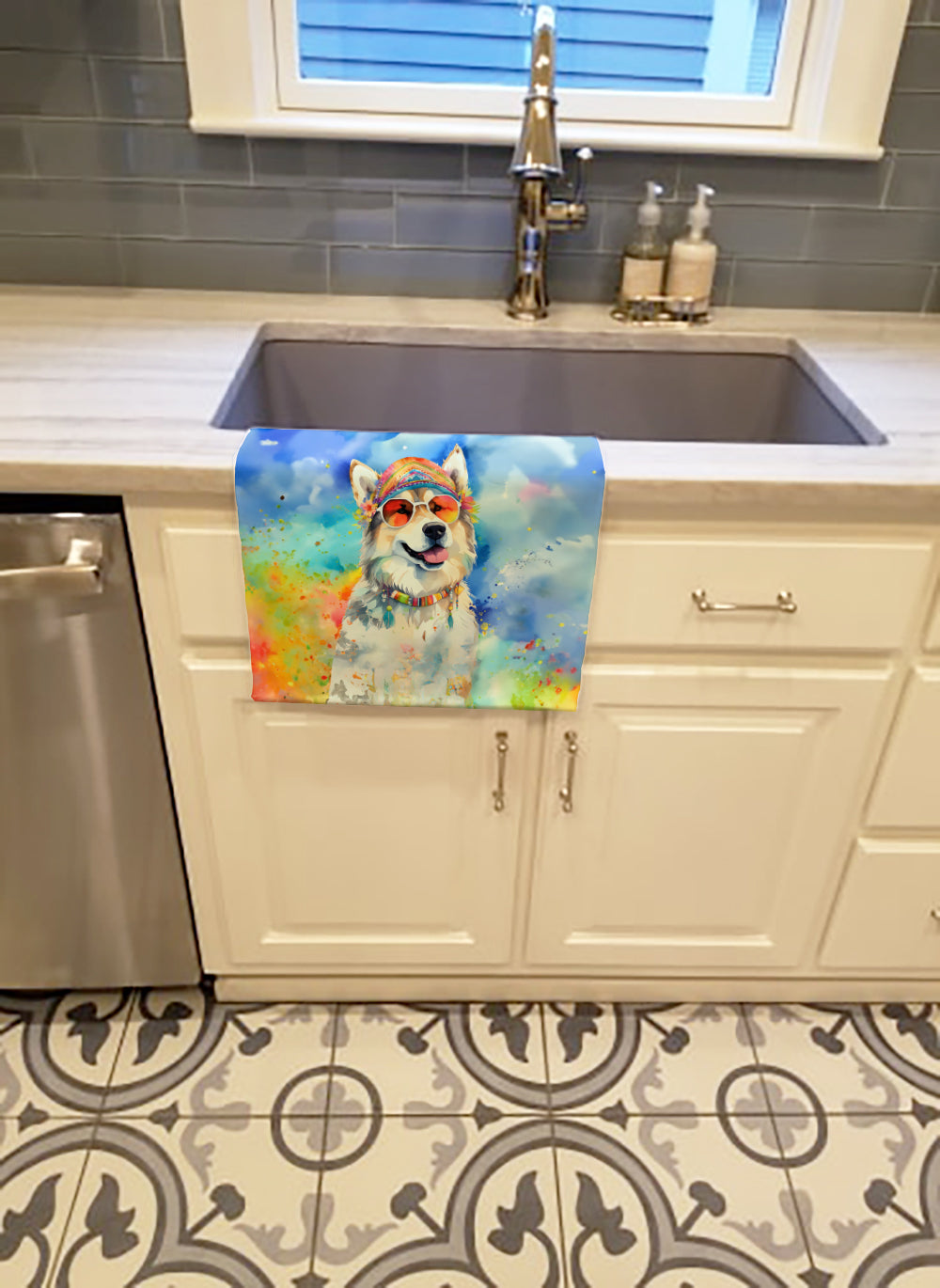 Alaskan Malamute Hippie Dawg Kitchen Towel Velour Plush Front and Cotton Loop Back Machine Washable
