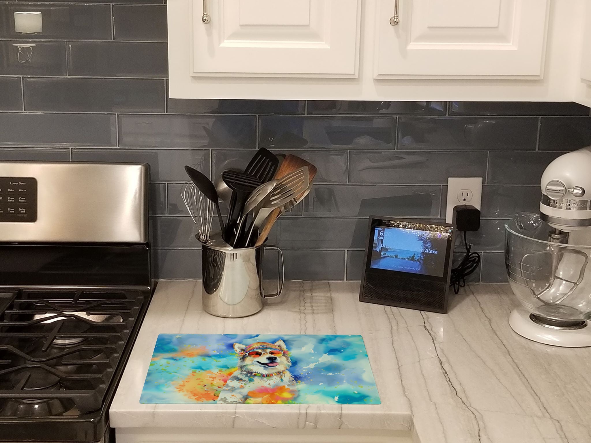 Alaskan Malamute Hippie Dawg Cutting Board Tempered Glass Kitchen Cutting Surface, Heat Resistant Chopping, Non-Slip Feet, Food Prep & Serving