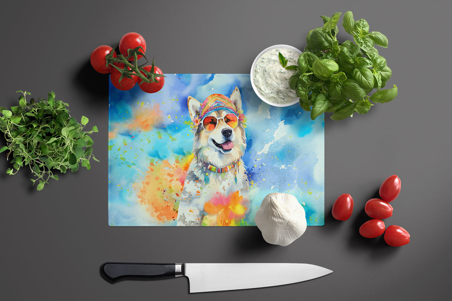 Alaskan Malamute Hippie Dawg Cutting Board Tempered Glass Kitchen Cutting Surface, Heat Resistant Chopping, Non-Slip Feet, Food Prep & Serving