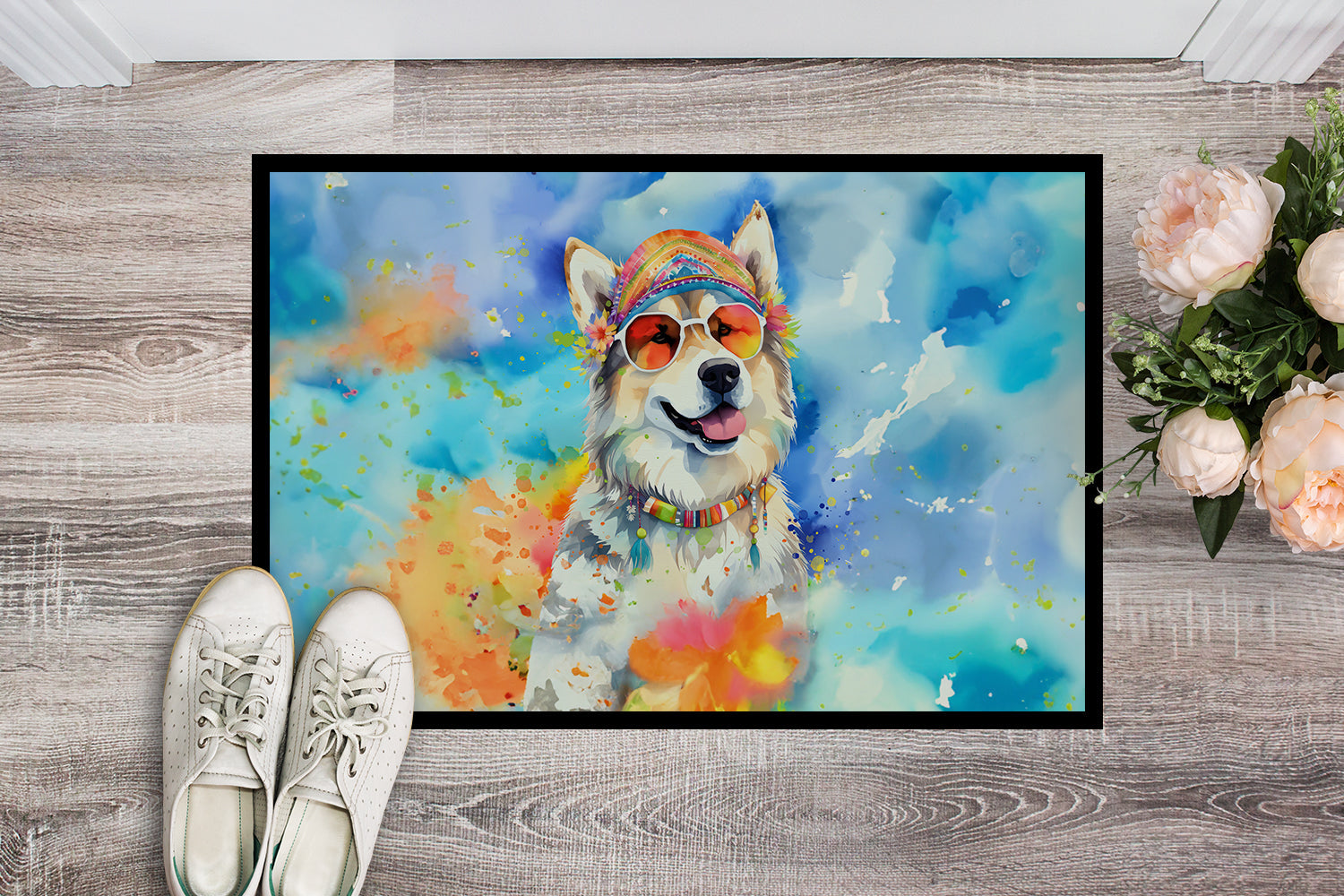 Alaskan Malamute Hippie Dawg Doormat Indoor Outdoor 18H X 27W Front Door Mat Rugs for Entryway, Non Slip Washable