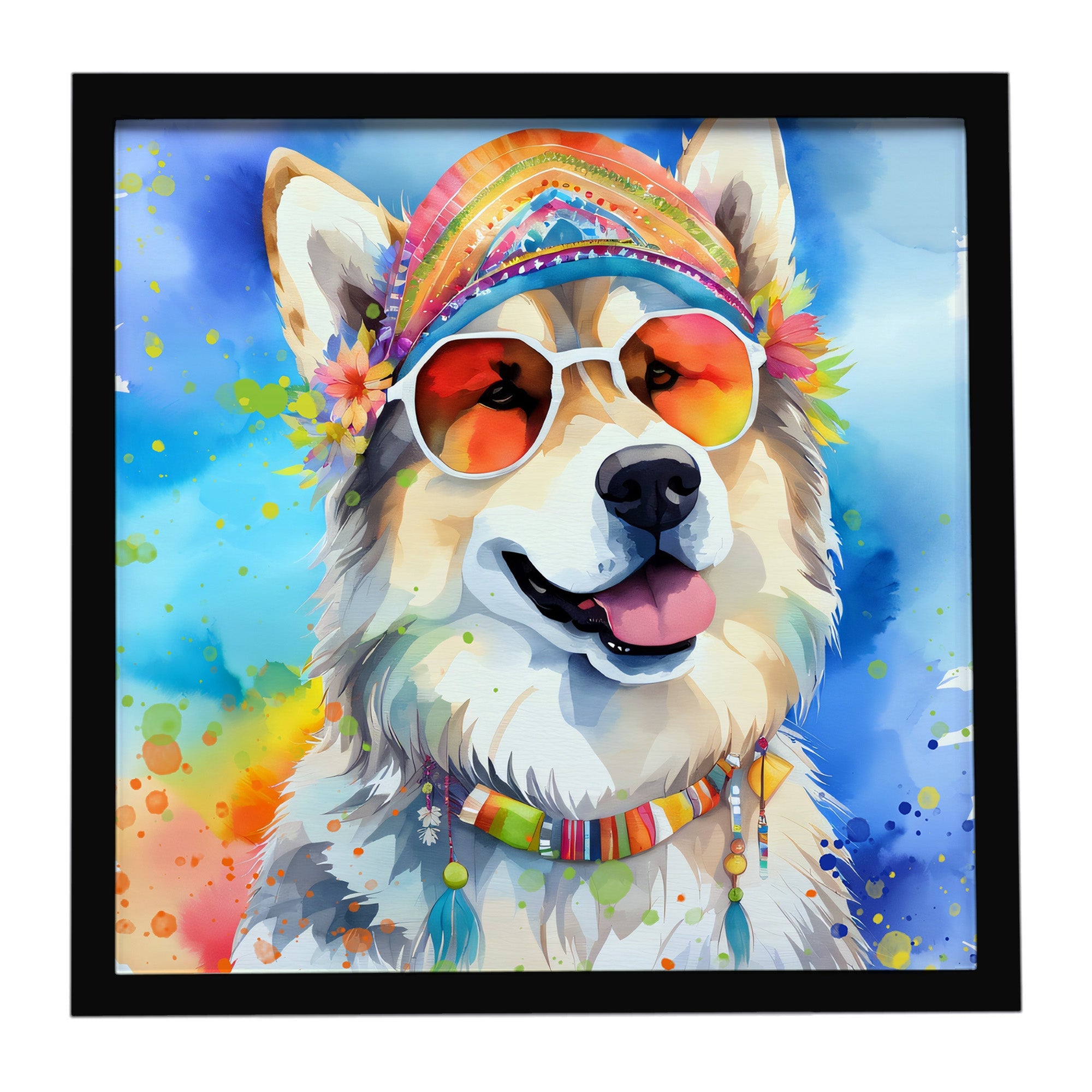 Alaskan Malamute Hippie Dawg Framed Metal Print Bathroom, Kitchen, Office, Home Decor Wall Art Ready to Hang, Square, 8X8