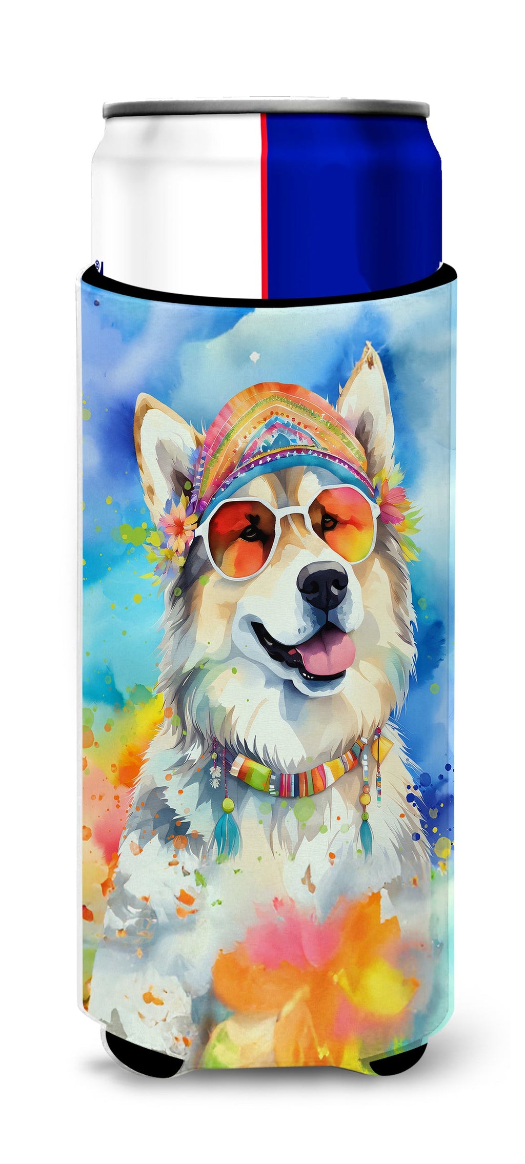 Alaskan Malamute Hippie Dawg Slim Can Hugger , Insulated Foam Hugger for 12 oz Slim Cans, Beer Bottles & Water Bottles, Printed in USA