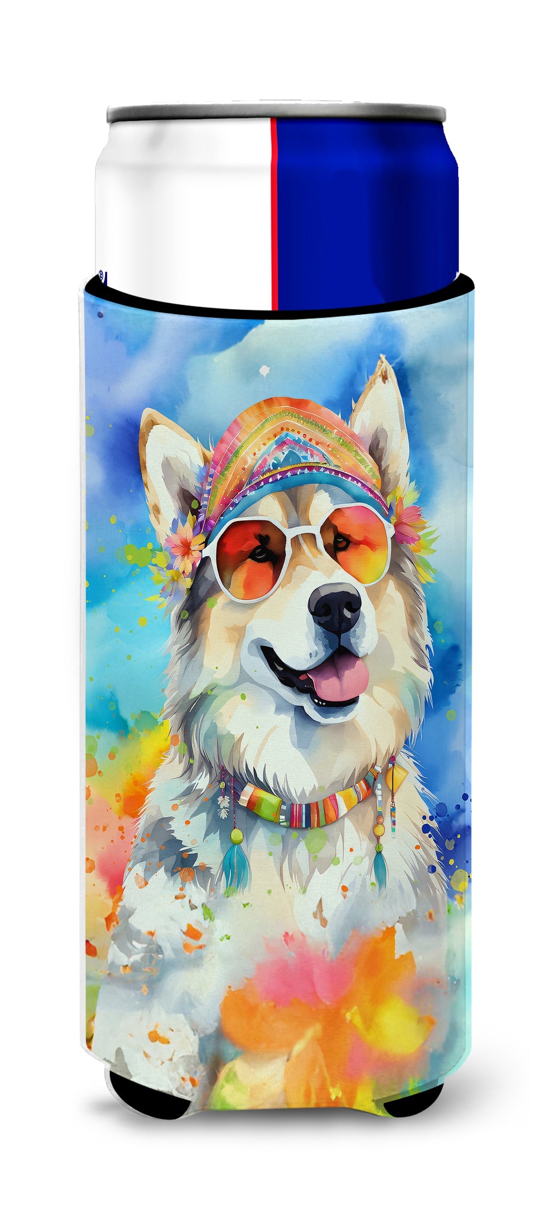 Alaskan Malamute Hippie Dawg Slim Can Hugger , Insulated Foam Hugger for 12 oz Slim Cans, Beer Bottles & Water Bottles, Printed in USA
