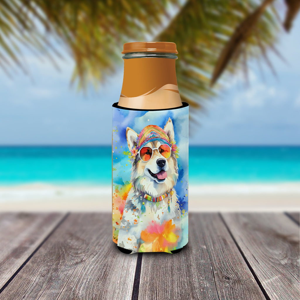 Alaskan Malamute Hippie Dawg Slim Can Hugger , Insulated Foam Hugger for 12 oz Slim Cans, Beer Bottles & Water Bottles, Printed in USA