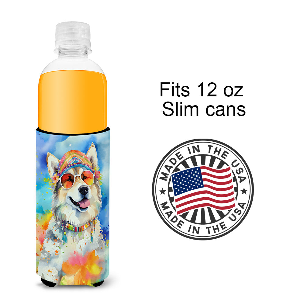 Alaskan Malamute Hippie Dawg Slim Can Hugger , Insulated Foam Hugger for 12 oz Slim Cans, Beer Bottles & Water Bottles, Printed in USA