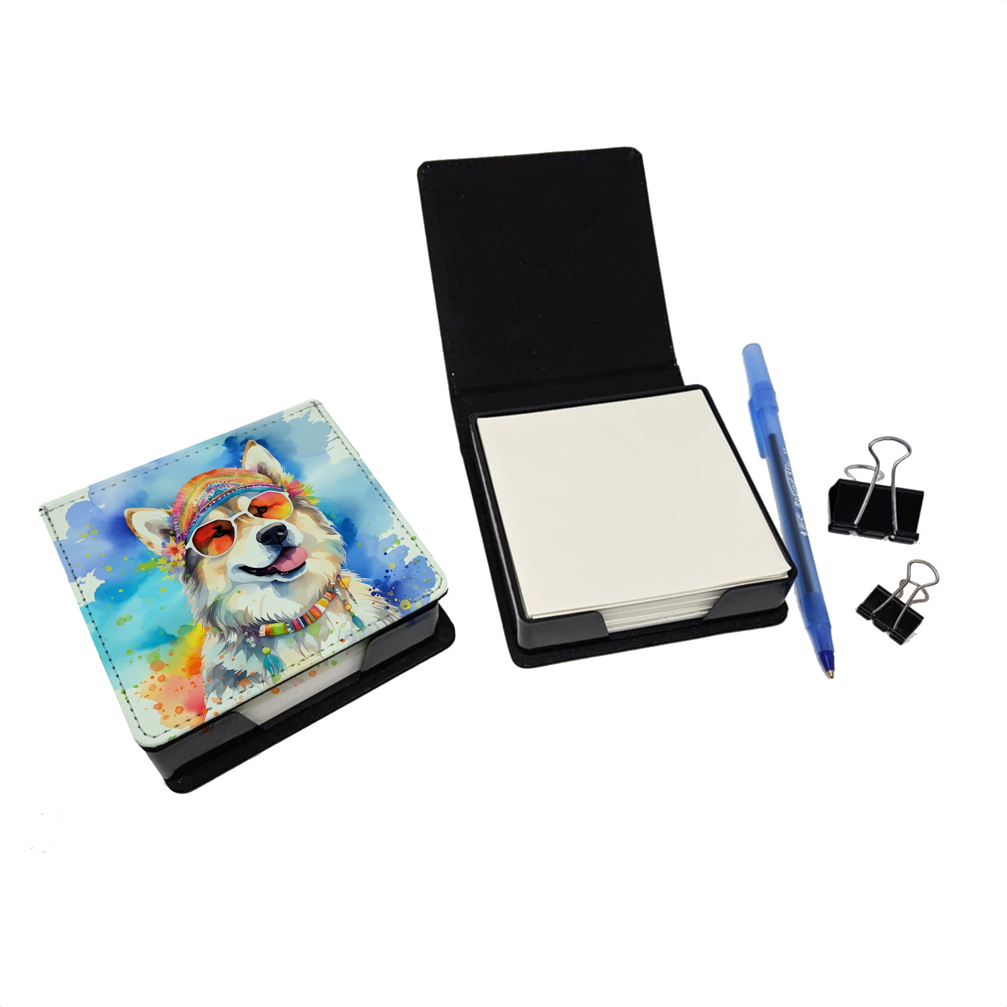 Alaskan Malamute Hippie Dawg PU Leather Note Paper Holder with Artist-Designed Cover, Desk Accessory, Office Gift