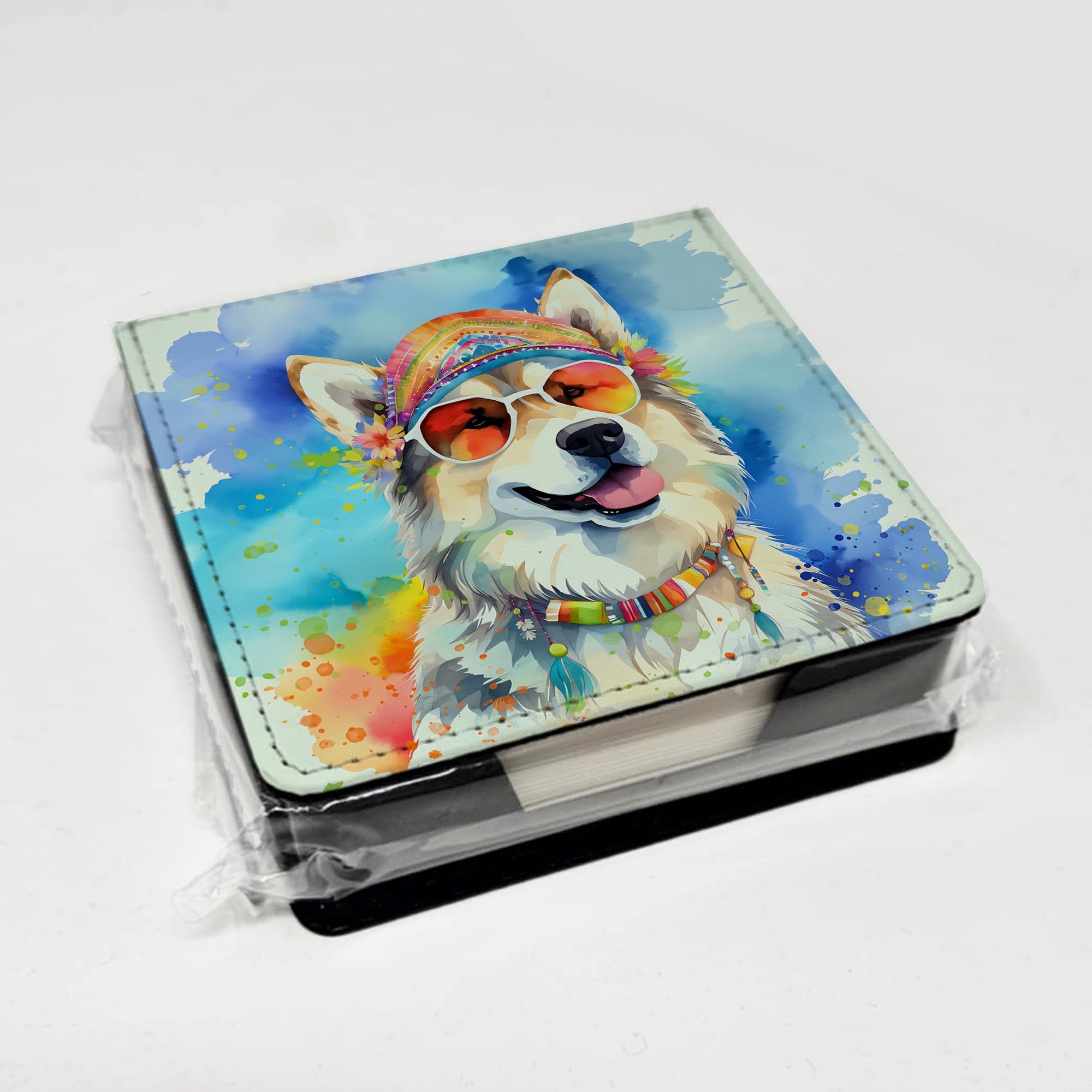 Alaskan Malamute Hippie Dawg PU Leather Note Paper Holder with Artist-Designed Cover, Desk Accessory, Office Gift