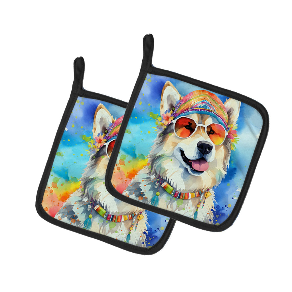 Alaskan Malamute Hippie Dawg Pot Holder Set of 2 Heat Resistant Quilted Hot Pads 7.5 x 7.5 Inch, Insulated Kitchen Trivets for Cooking & Baking