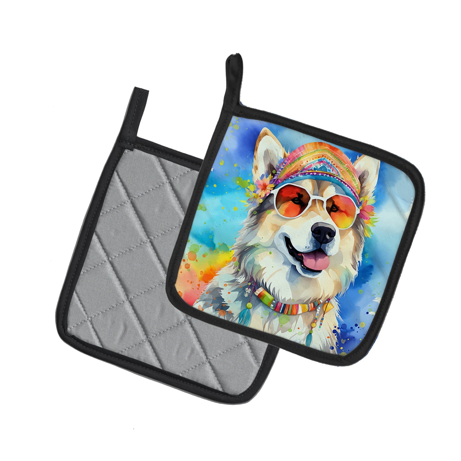 Alaskan Malamute Hippie Dawg Pot Holder Set of 2 Heat Resistant Quilted Hot Pads 7.5 x 7.5 Inch, Insulated Kitchen Trivets for Cooking & Baking