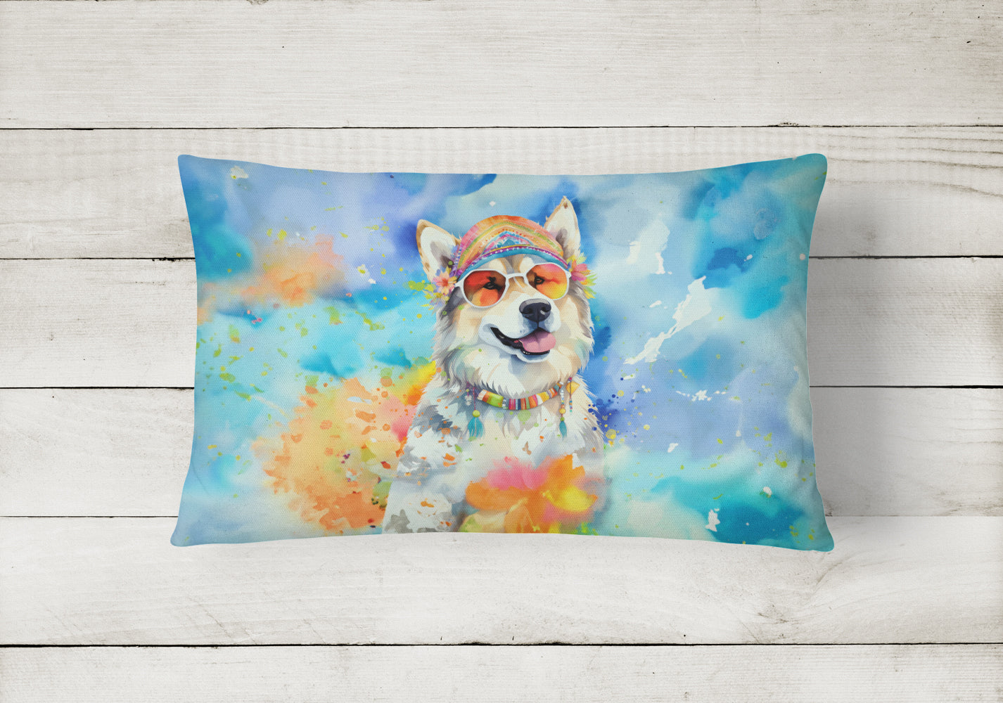 Alaskan Malamute Hippie Dawg Decorative Throw Pillow 12x16 Indoor Outdoor Accent Cushion, Fabric Cover with Insert for Sofa, Bed, Porch & Living Room