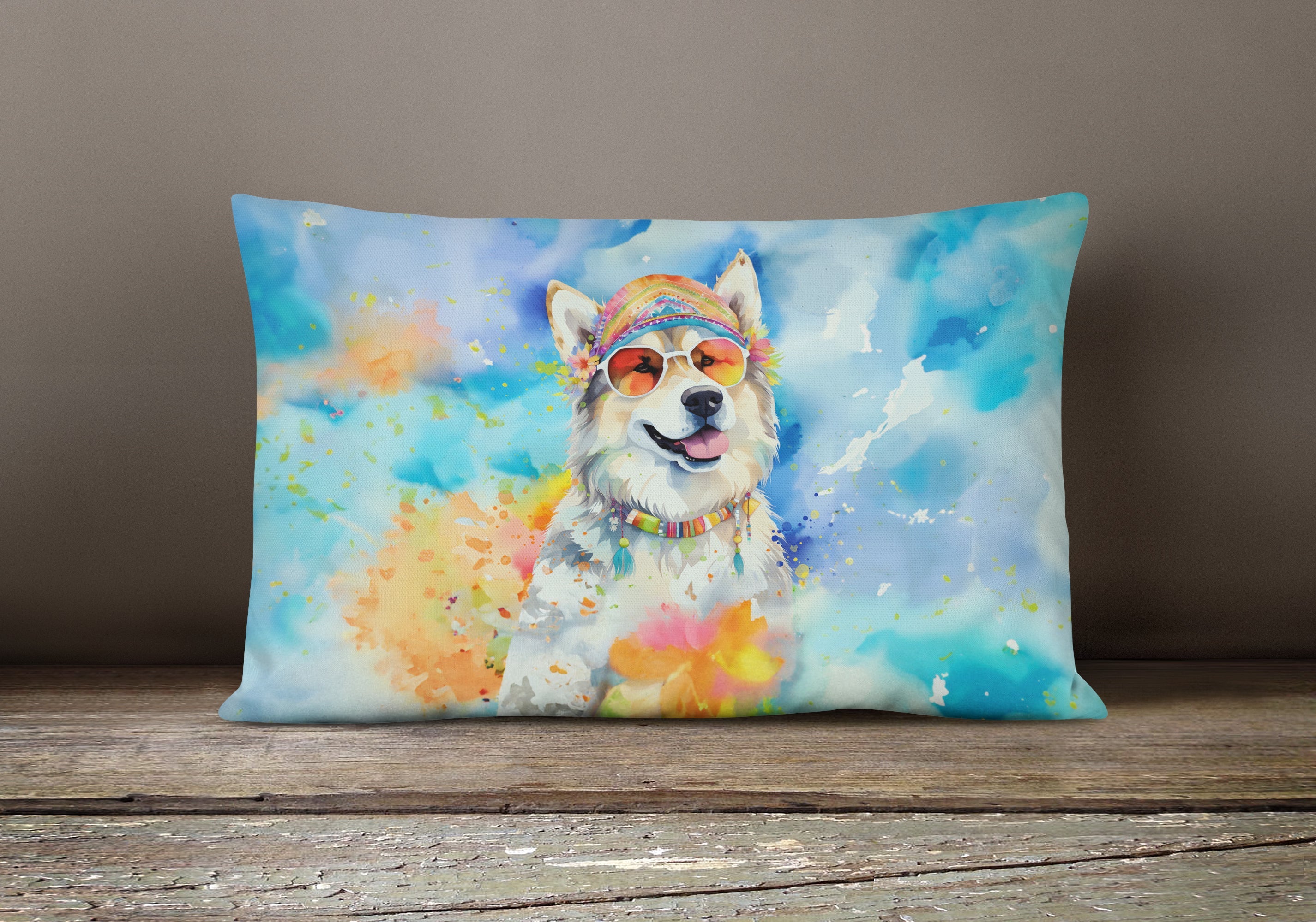Alaskan Malamute Hippie Dawg Decorative Throw Pillow 12x16 Indoor Outdoor Accent Cushion, Fabric Cover with Insert for Sofa, Bed, Porch & Living Room