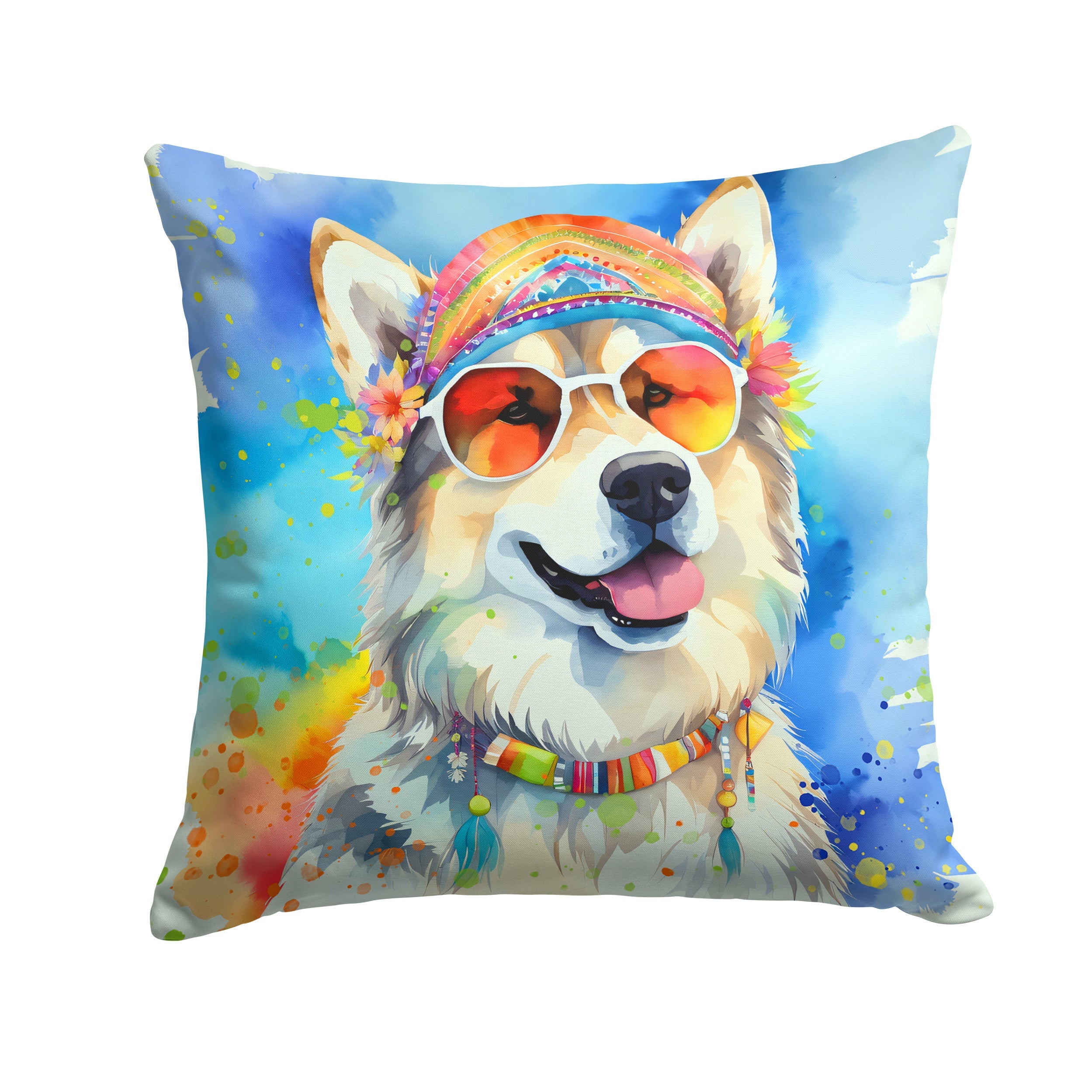 Alaskan Malamute Hippie Dawg Decorative Throw Pillow 14x14 Indoor Outdoor Accent Cushion, Fabric Cover with Insert for Sofa, Bed, Porch & Living Room