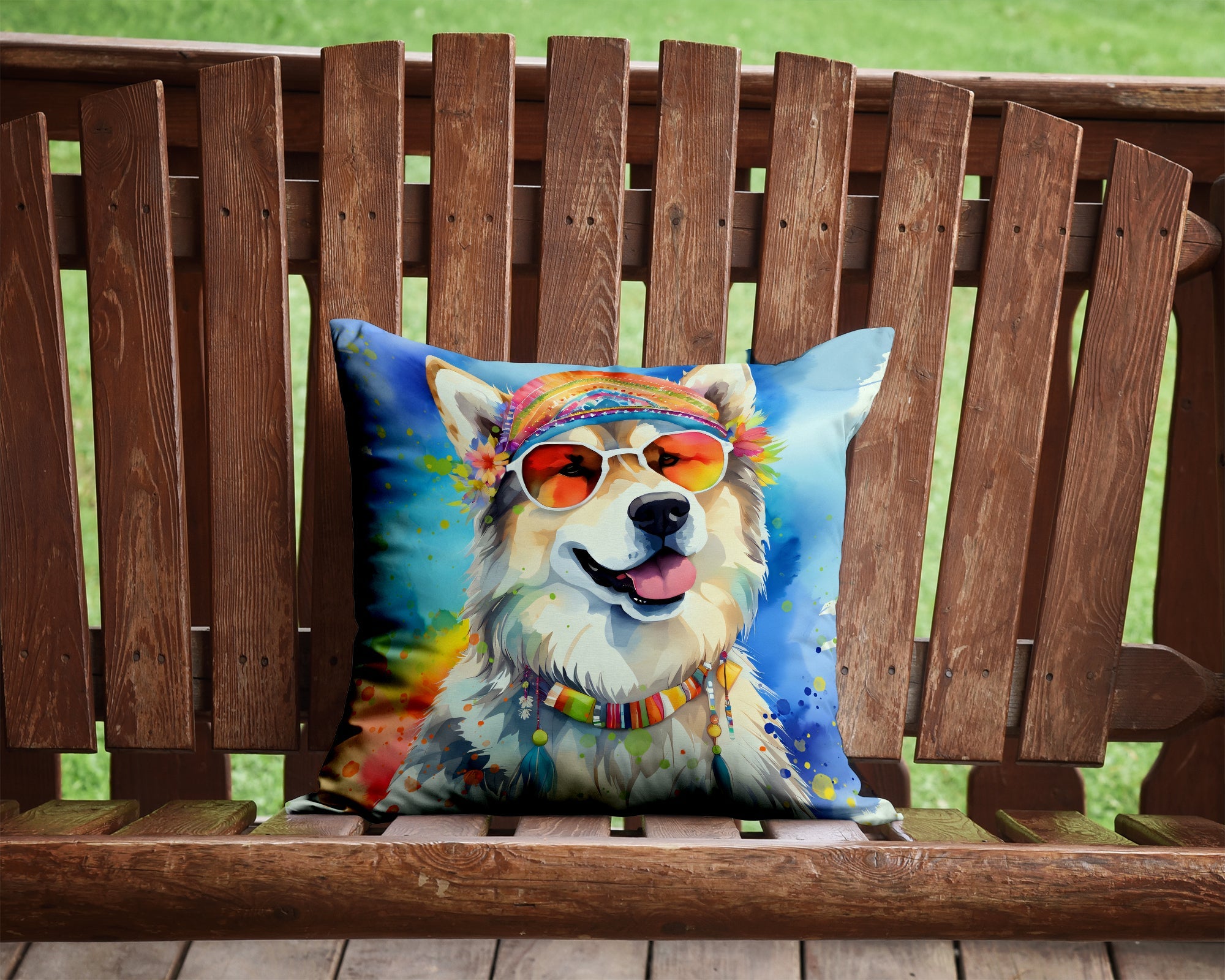 Alaskan Malamute Hippie Dawg Decorative Throw Pillow 14x14 Indoor Outdoor Accent Cushion, Fabric Cover with Insert for Sofa, Bed, Porch & Living Room