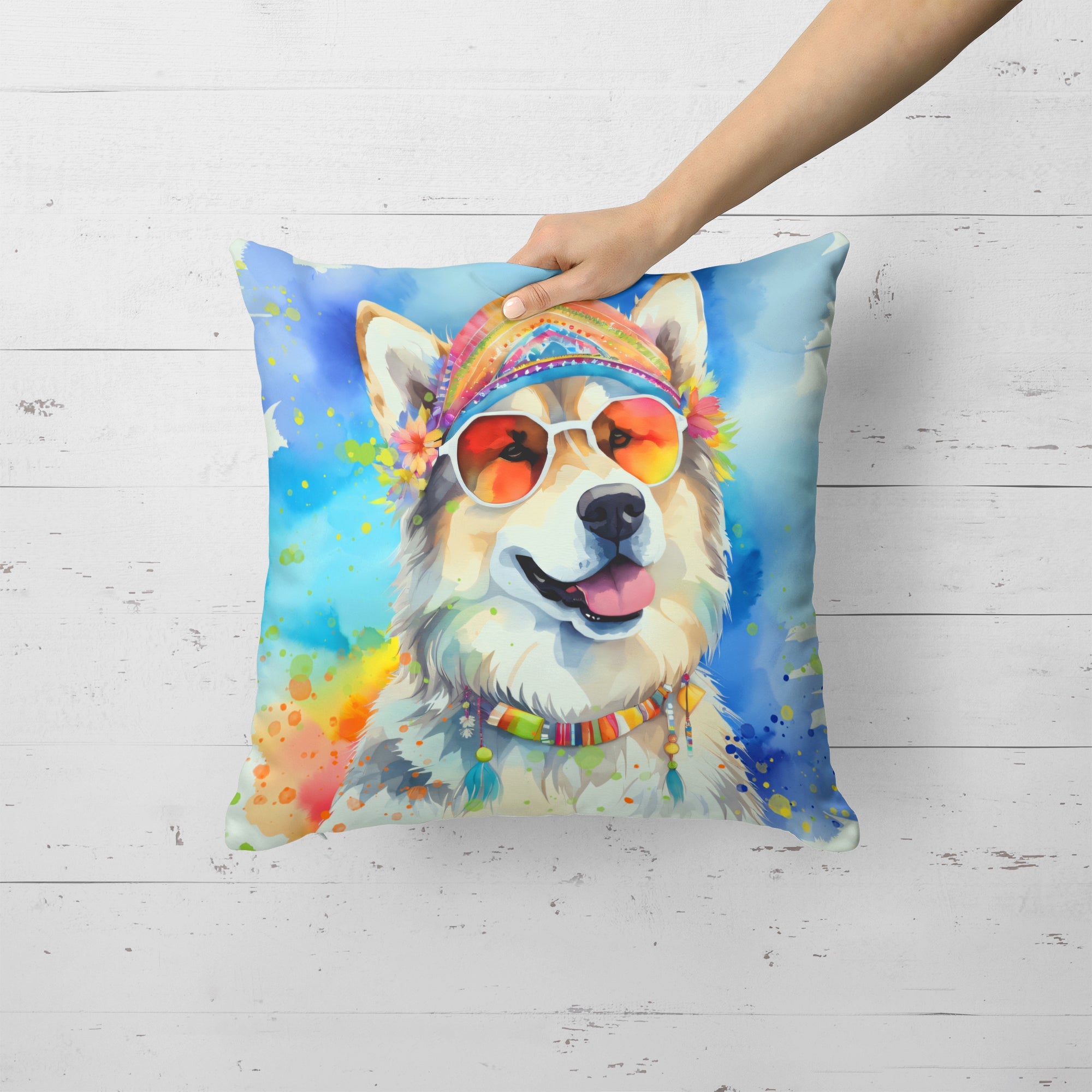 Alaskan Malamute Hippie Dawg Decorative Throw Pillow 18x18 Indoor Outdoor Accent Cushion, Fabric Cover with Insert for Sofa, Bed, Porch & Living Room
