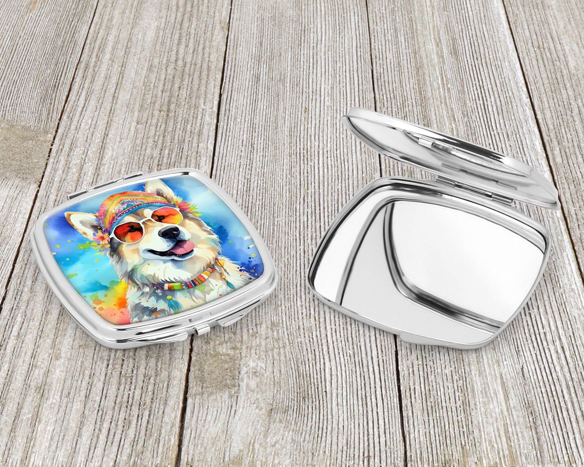 Alaskan Malamute Hippie Dawg Compact Mirror Decorative Travel Makeup Mirror for Women Girls Gifts Pocket Makeup Mirror Folding Handheld