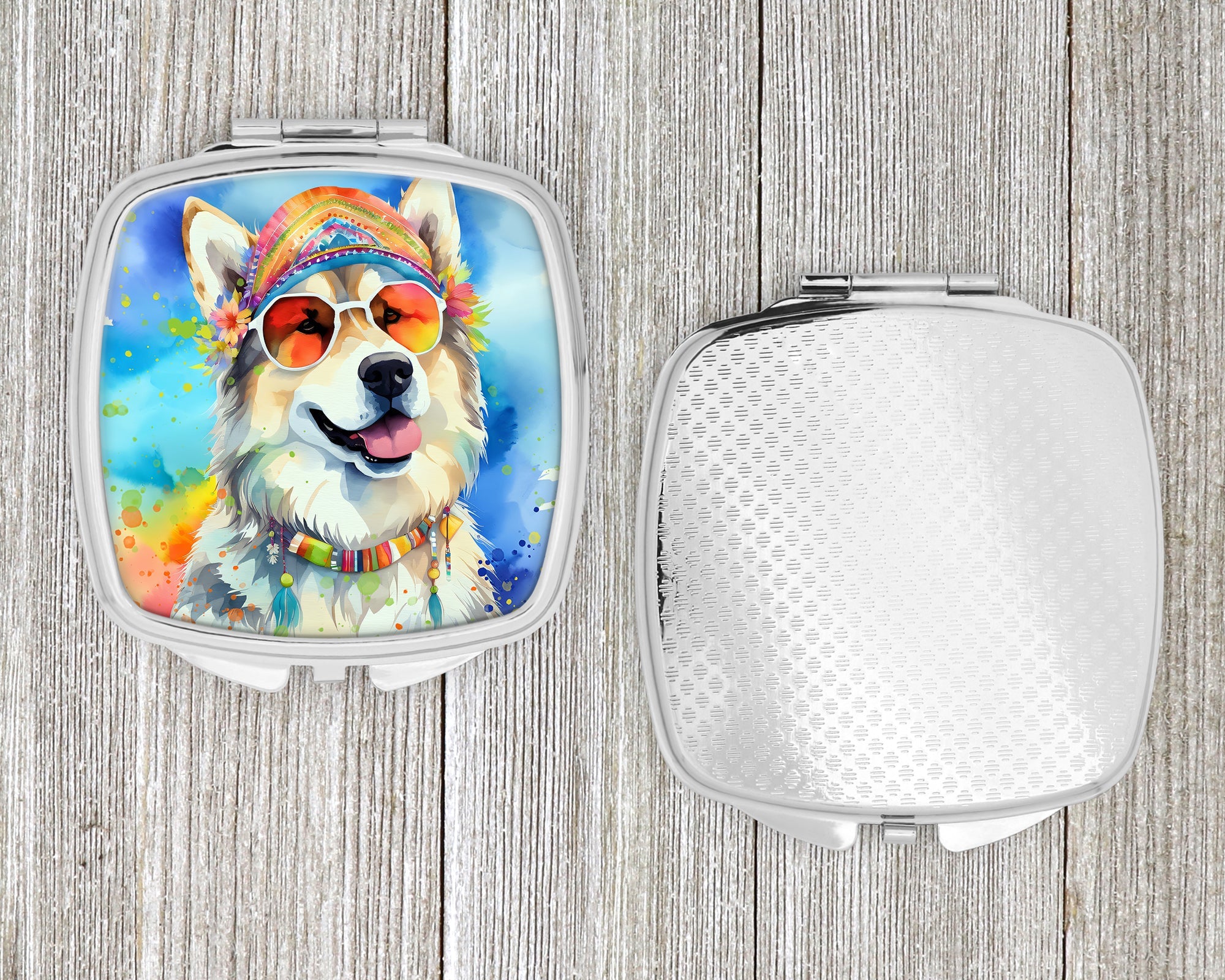 Alaskan Malamute Hippie Dawg Compact Mirror Decorative Travel Makeup Mirror for Women Girls Gifts Pocket Makeup Mirror Folding Handheld