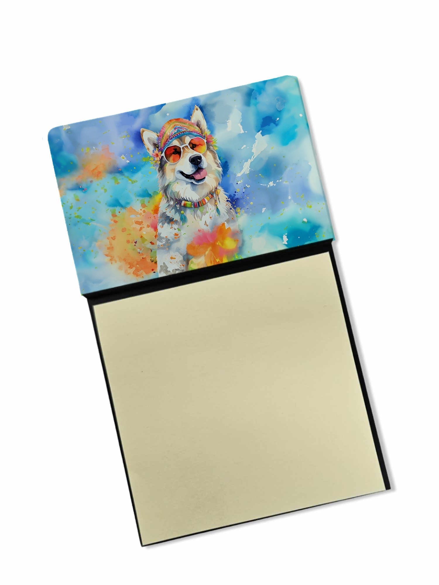 Alaskan Malamute Hippie Dawg Watercolor Sticky Note Holder Refillable Dispenser Desk Accessory 3x3 Pad Gift