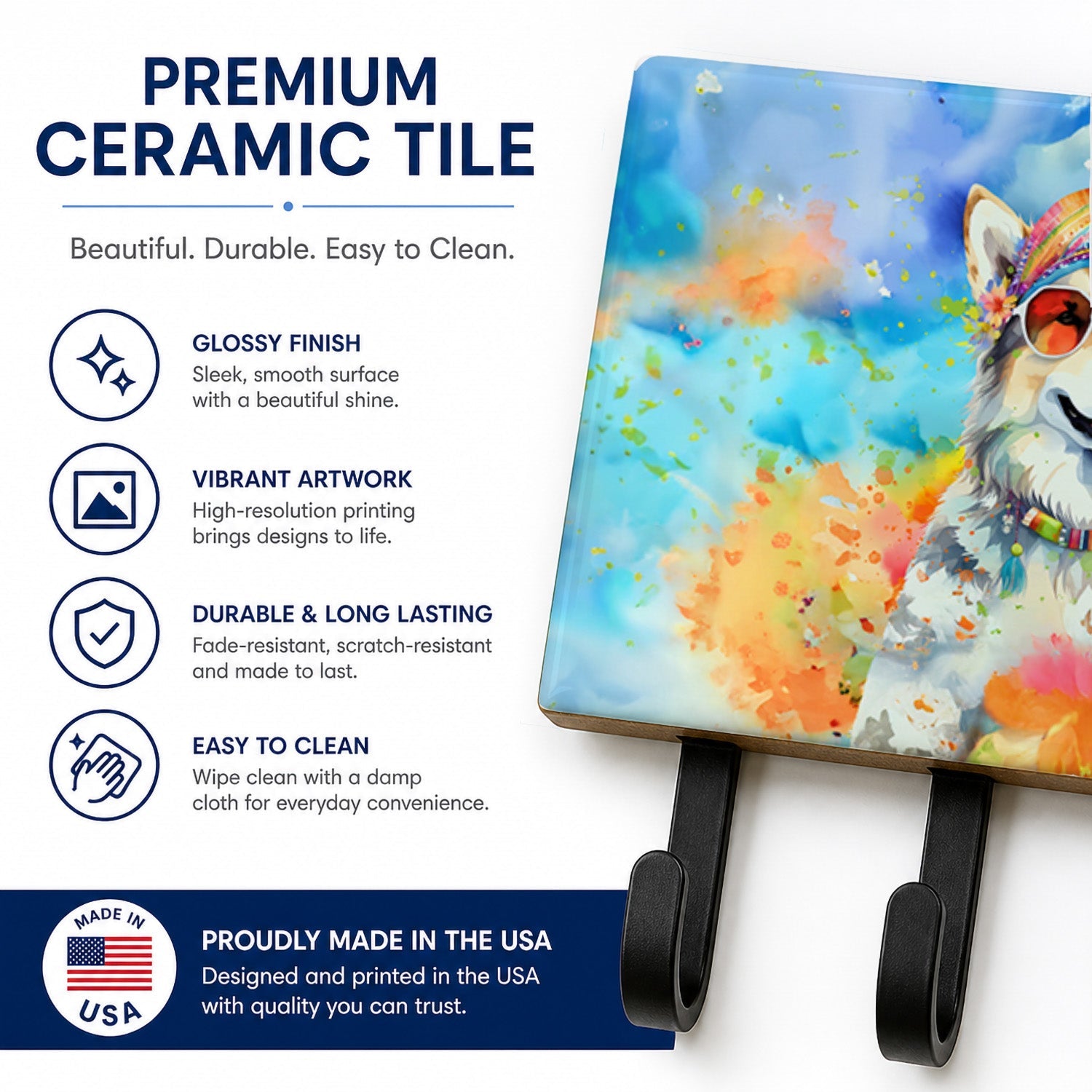 Alaskan Malamute Hippie Dawg Leash or Key Holder Wall Hooks, Coat Rack Wall Mount, for Hanging Keys, Towels, Aprons, Leashes
