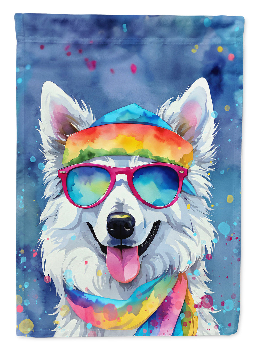 American Eskimo Hippie Dawg House Flag 28x40 Porch Sleeve Pole Decorative Outside Yard Banner Artwork Wall Hanging, Polyester
