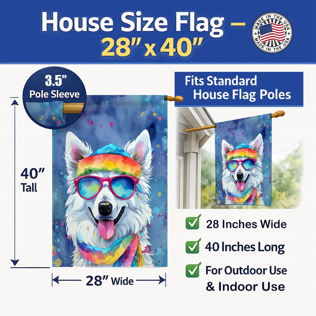 American Eskimo Hippie Dawg House Flag 28x40 Porch Sleeve Pole Decorative Outside Yard Banner Artwork Wall Hanging, Polyester