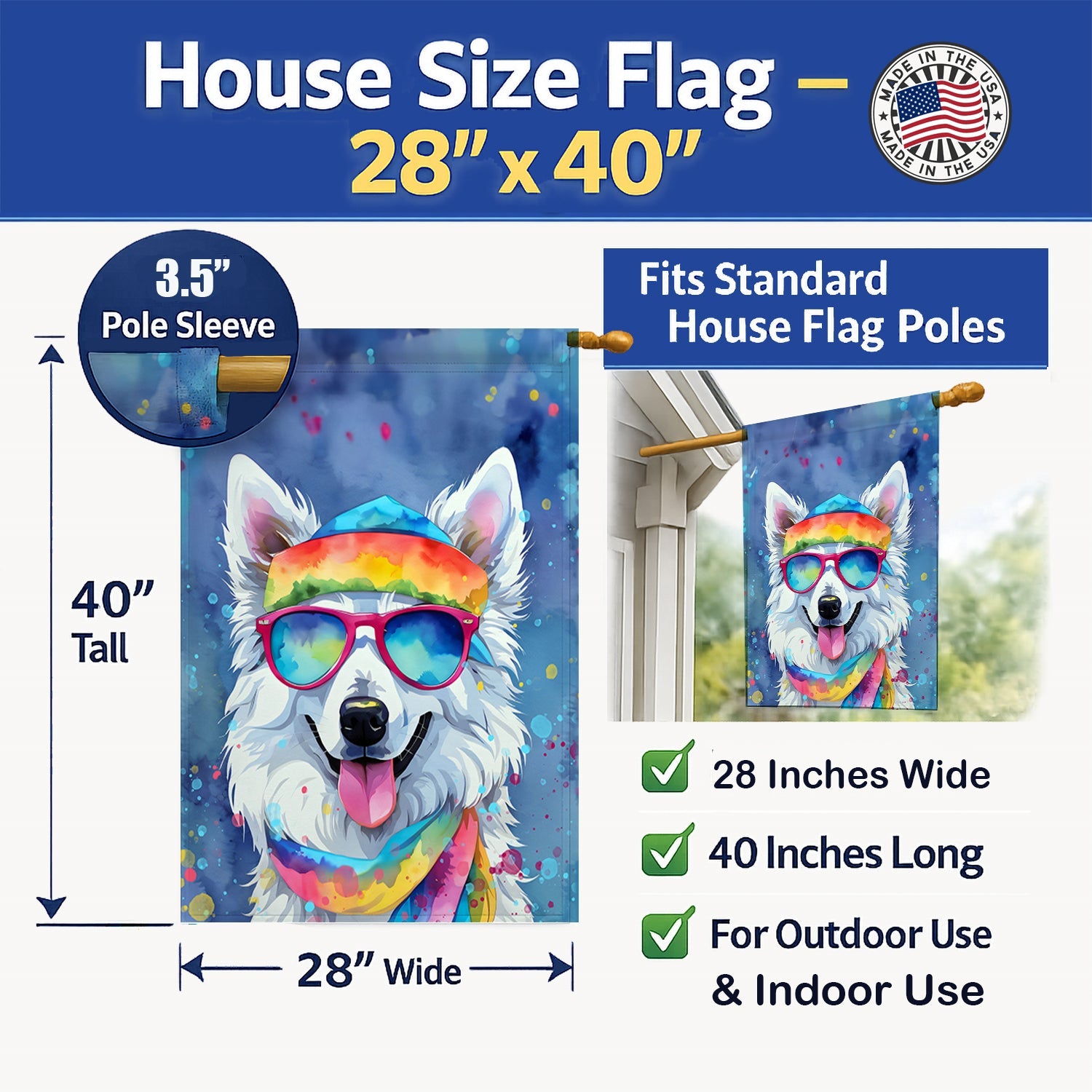 American Eskimo Hippie Dawg House Flag 28x40 Porch Sleeve Pole Decorative Outside Yard Banner Artwork Wall Hanging, Polyester