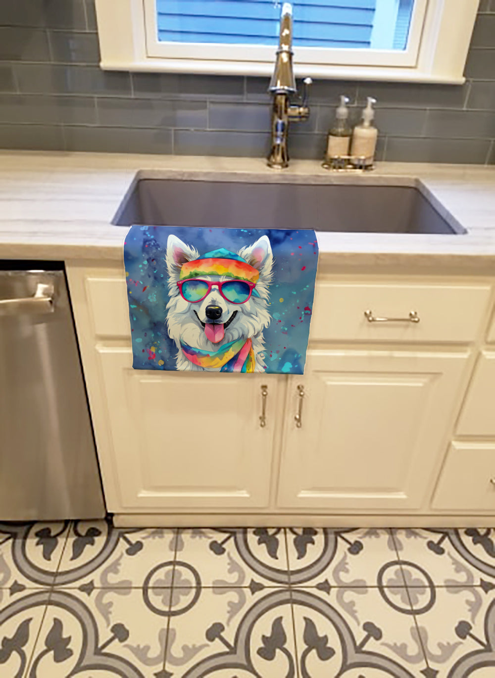 American Eskimo Hippie Dawg Kitchen Towel Velour Plush Front and Cotton Loop Back Machine Washable