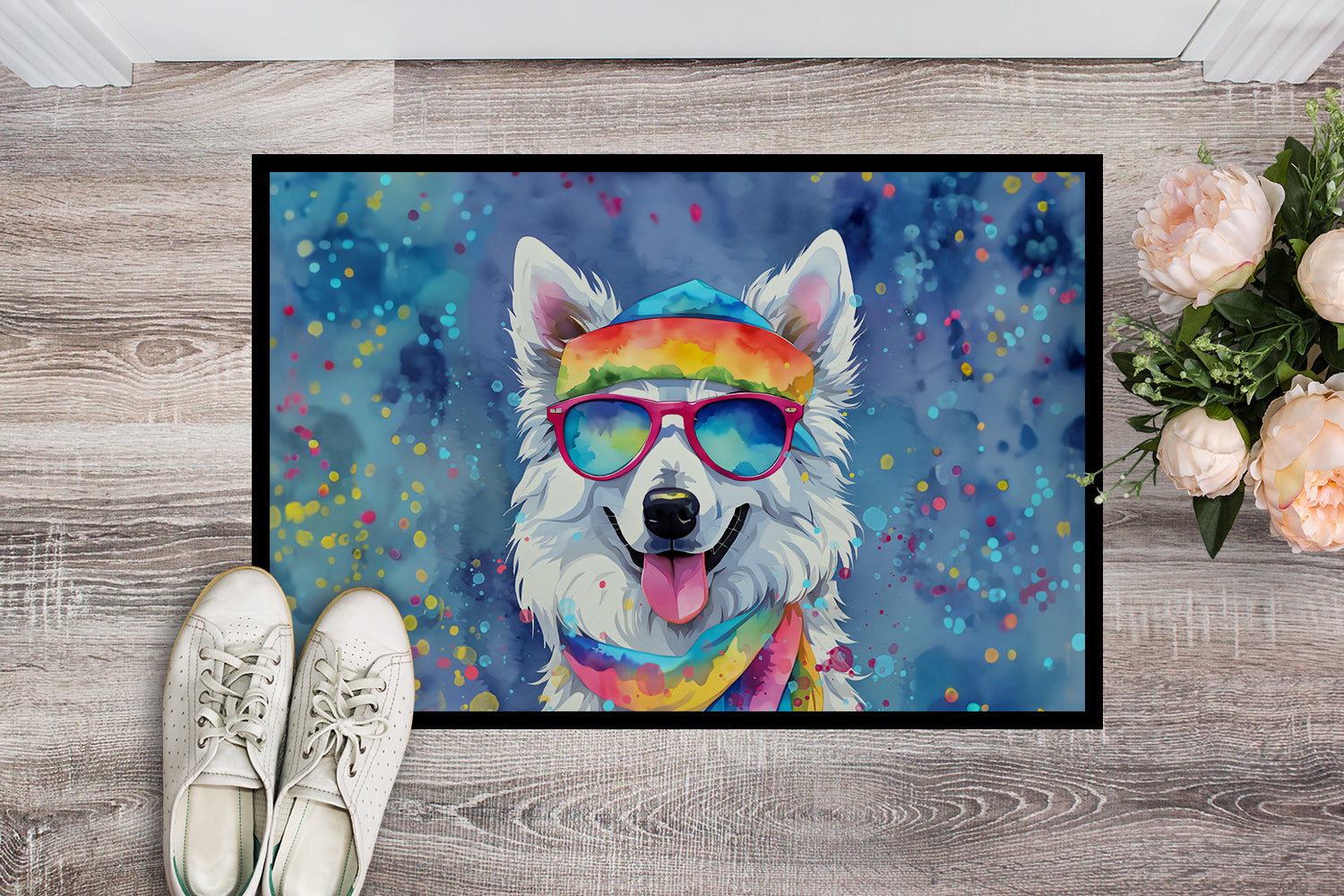 American Eskimo Hippie Dawg Doormat Indoor Outdoor 18H X 27W Front Door Mat Rugs for Entryway, Non Slip Washable