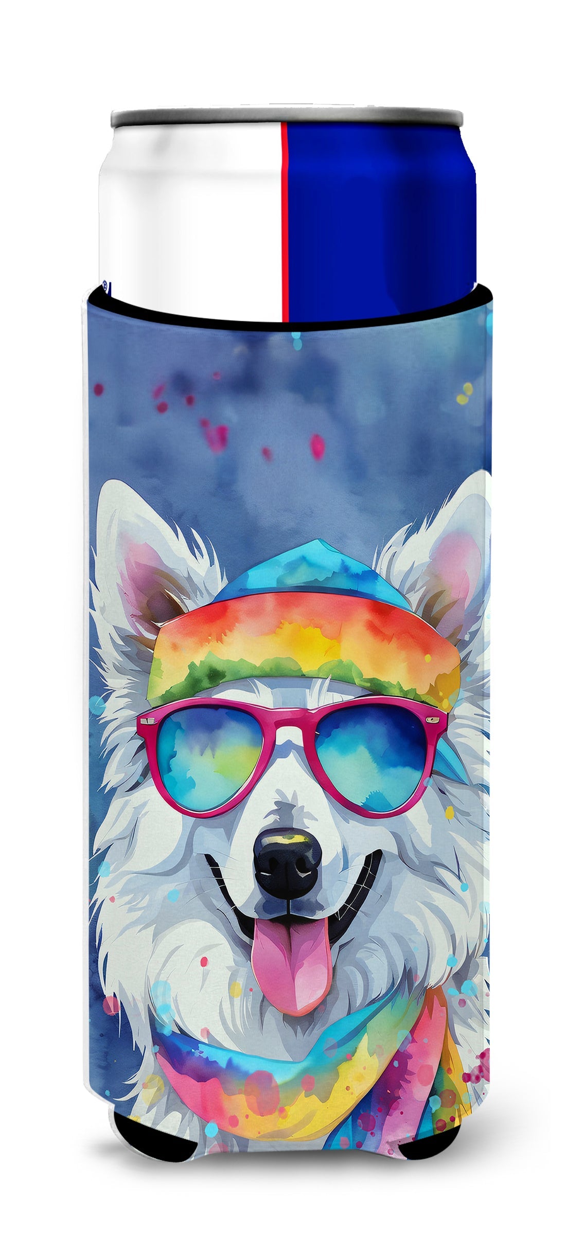 American Eskimo Hippie Dawg Slim Can Hugger , Insulated Foam Hugger for 12 oz Slim Cans, Beer Bottles & Water Bottles, Printed in USA