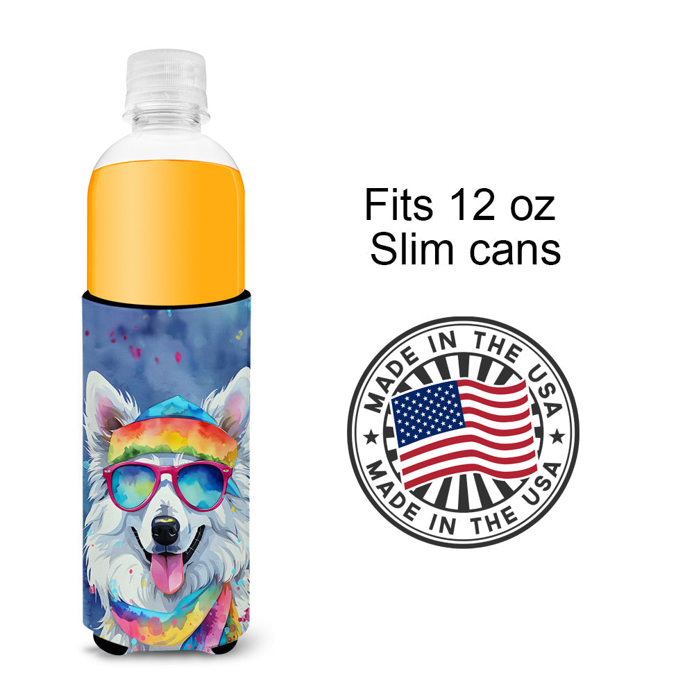 American Eskimo Hippie Dawg Slim Can Hugger , Insulated Foam Hugger for 12 oz Slim Cans, Beer Bottles & Water Bottles, Printed in USA