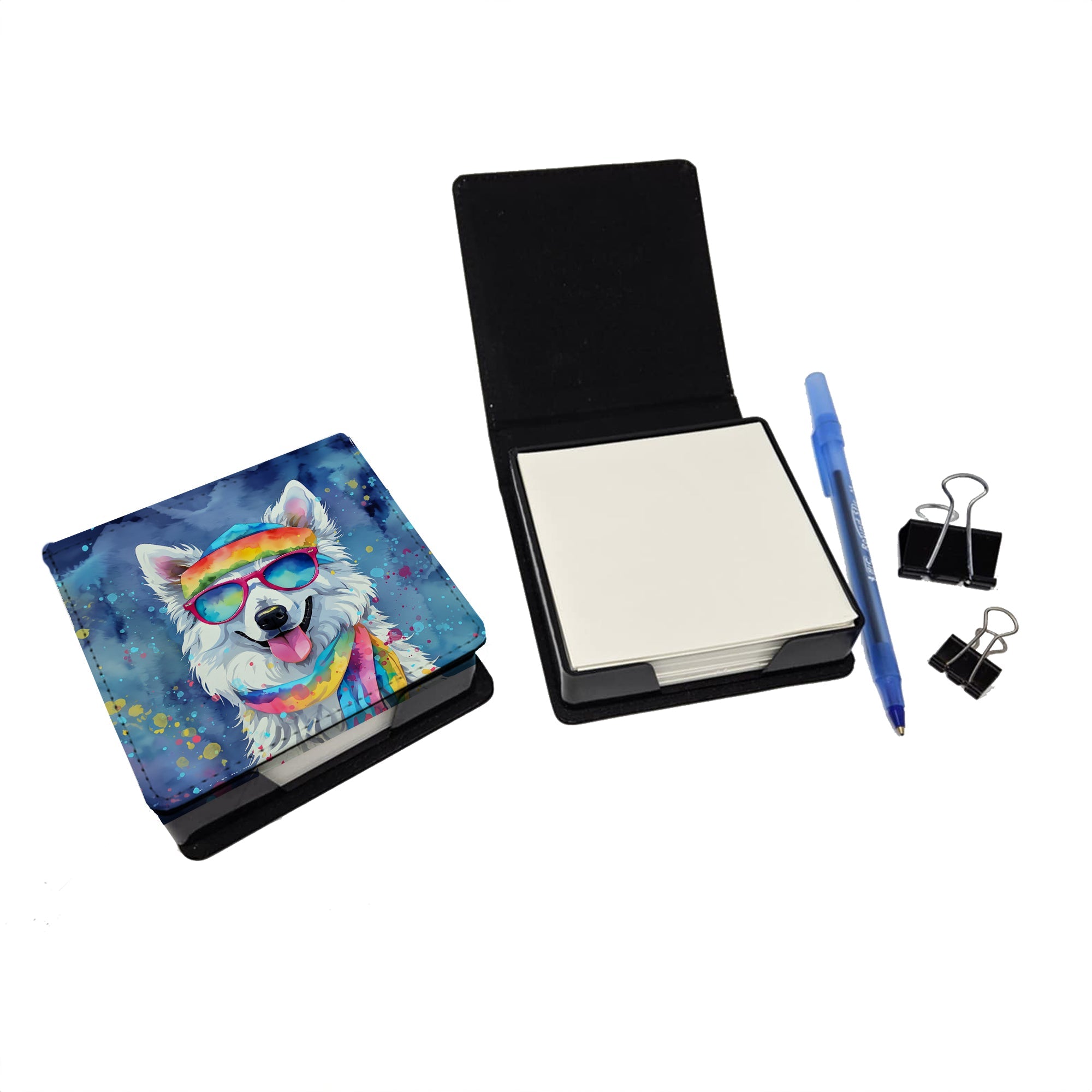 American Eskimo Hippie Dawg PU Leather Note Paper Holder with Artist-Designed Cover, Desk Accessory, Office Gift