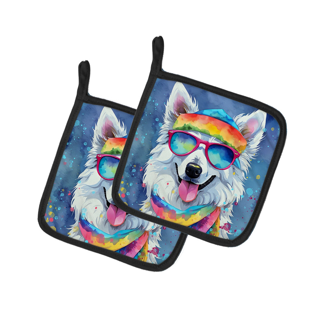 American Eskimo Hippie Dawg Pot Holder Set of 2 Heat Resistant Quilted Hot Pads 7.5 x 7.5 Inch, Insulated Kitchen Trivets for Cooking & Baking
