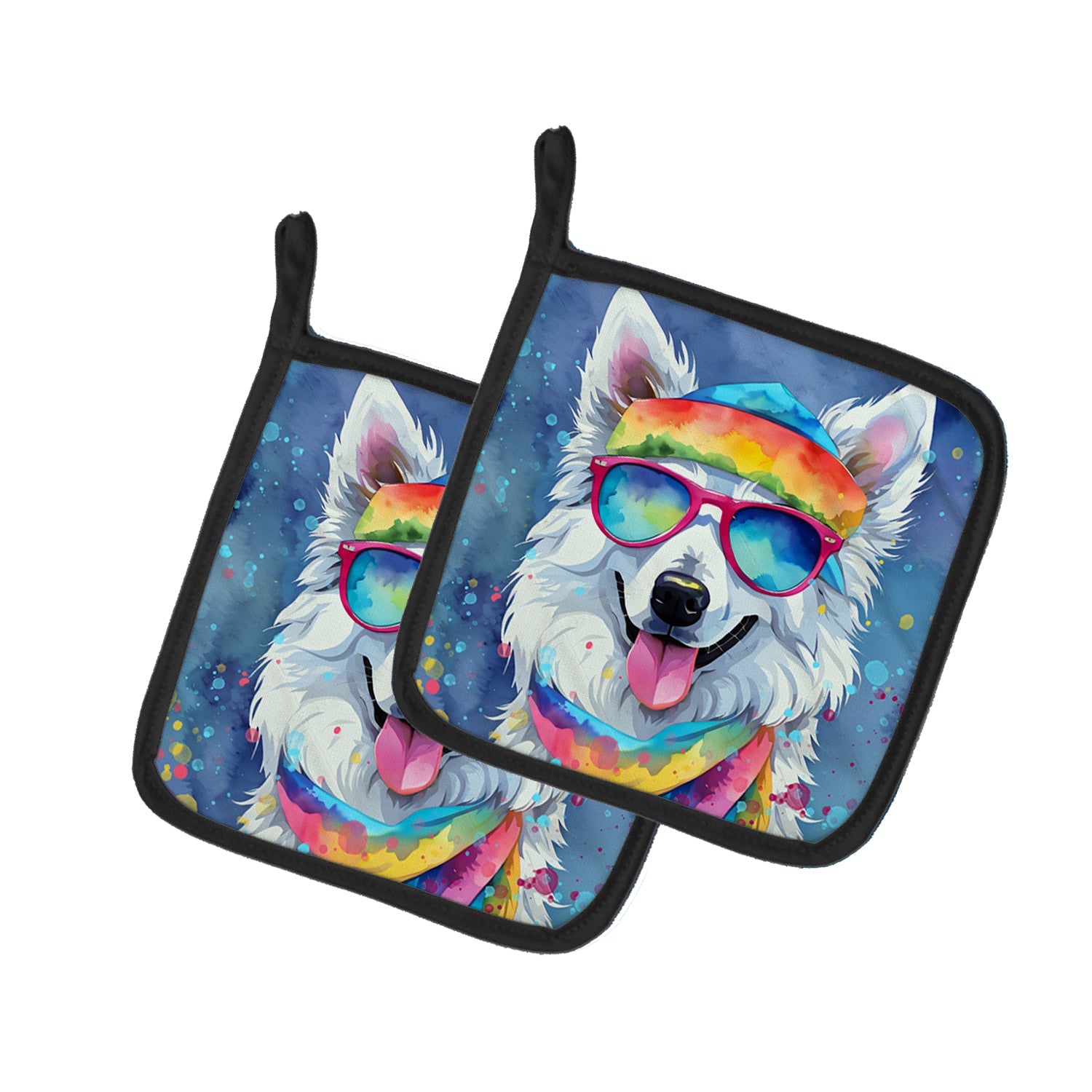 American Eskimo Hippie Dawg Pot Holder Set of 2 Heat Resistant Quilted Hot Pads 7.5 x 7.5 Inch, Insulated Kitchen Trivets for Cooking & Baking